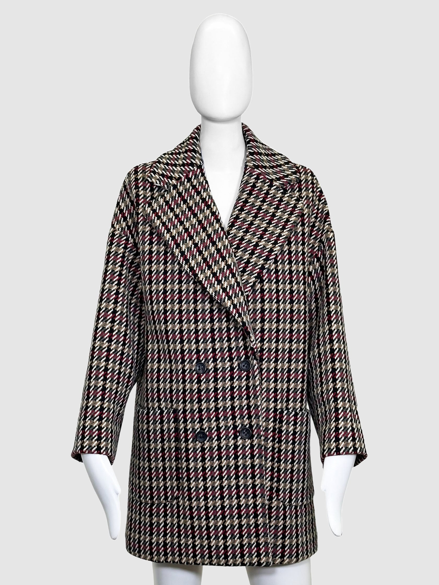 Check Print Double-Breasted Coat - Size 42