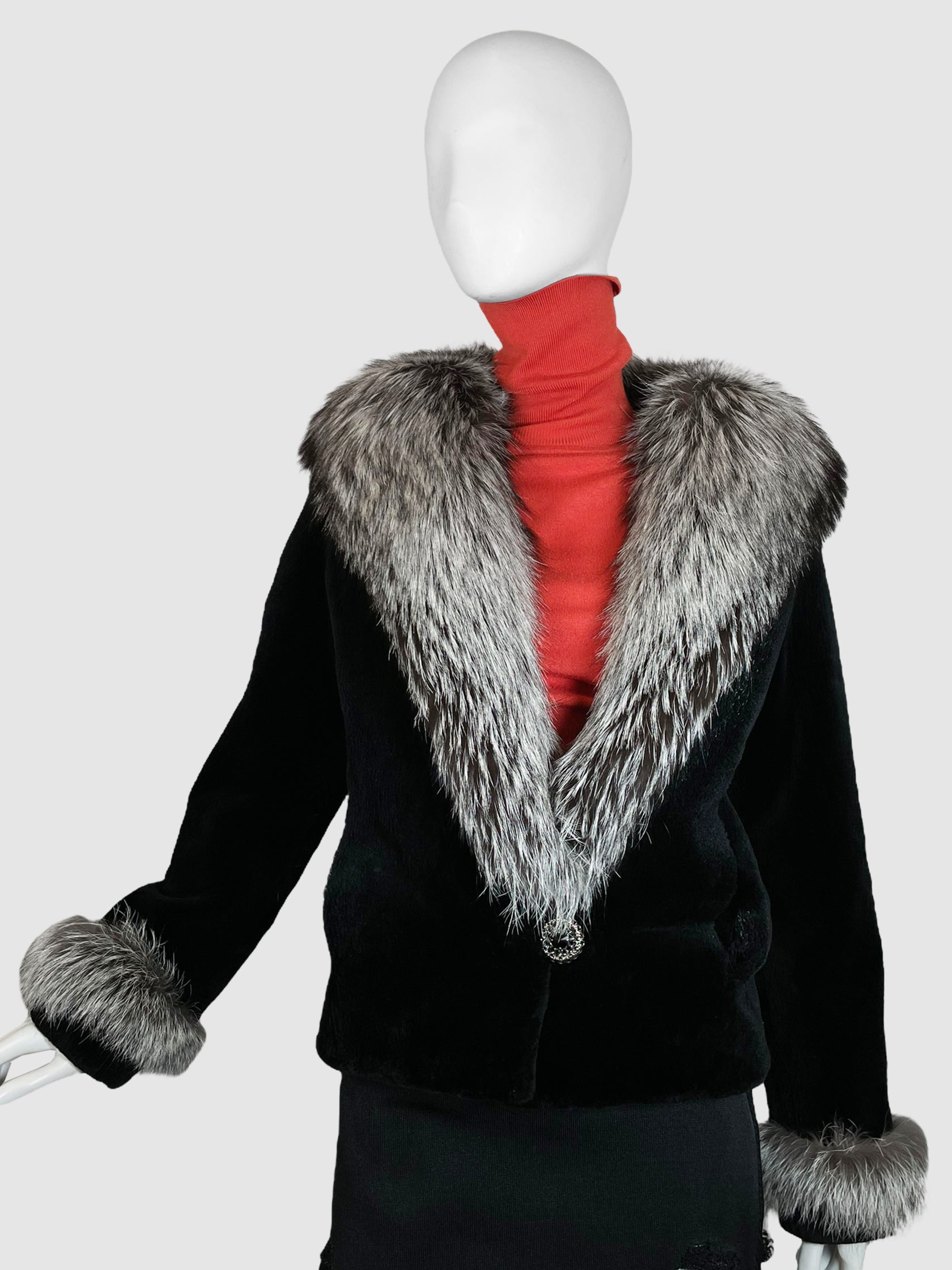 Golden Diamond Furs Black Shearling Coat with Fur Collar