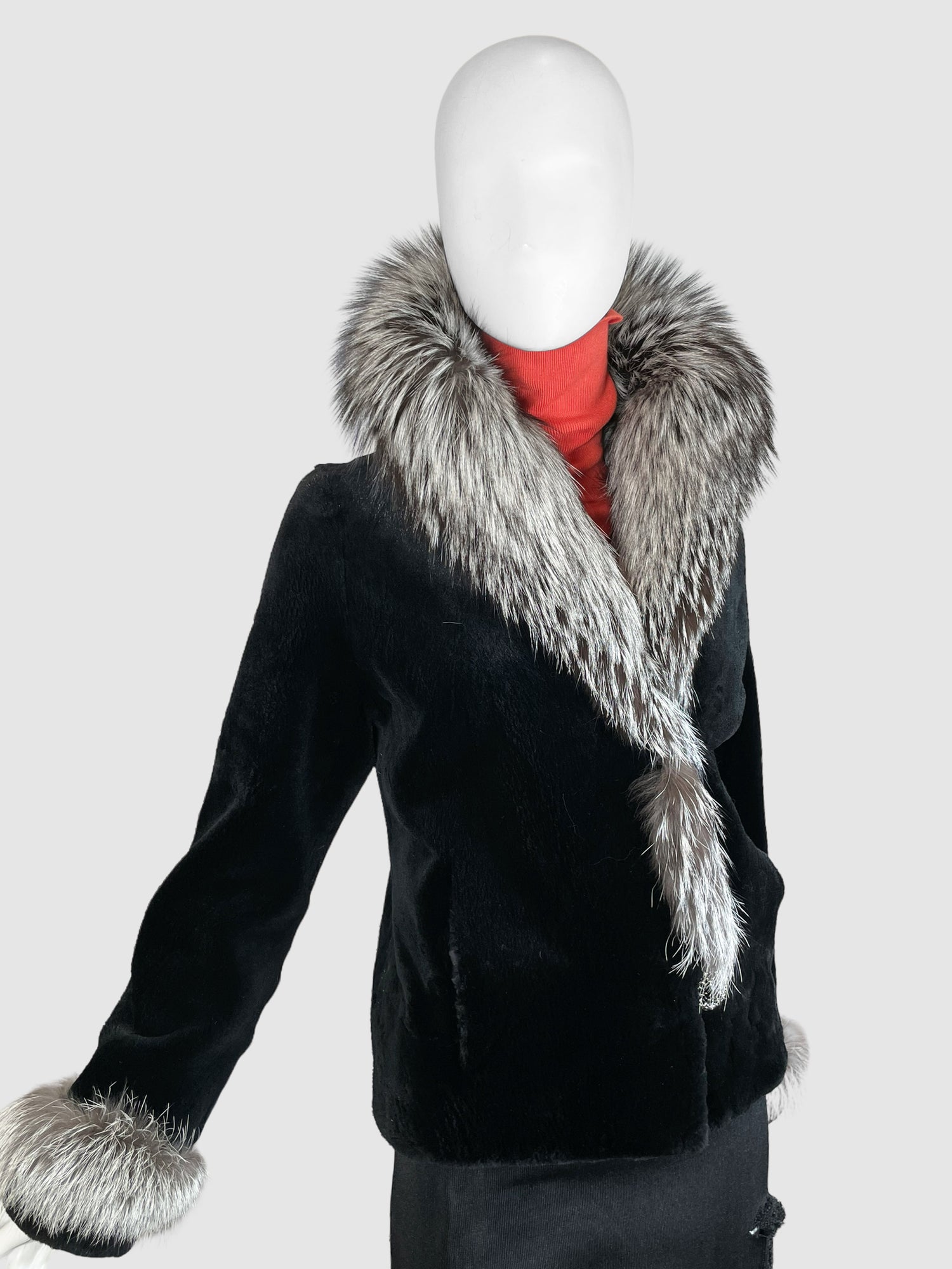 Golden Diamond Furs Black Shearling Coat with Fur Collar