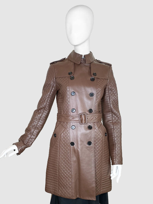 Double-Breasted Leather Coat - Size 8