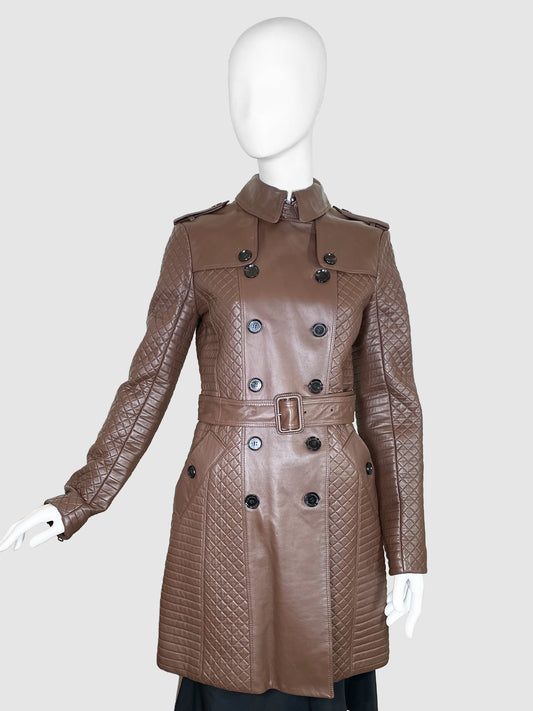 Burberry Double-Breasted Leather Coat - Size 8
