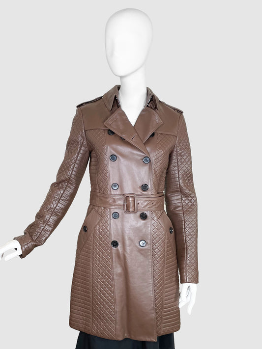 Burberry Double-Breasted Leather Coat - Size 8