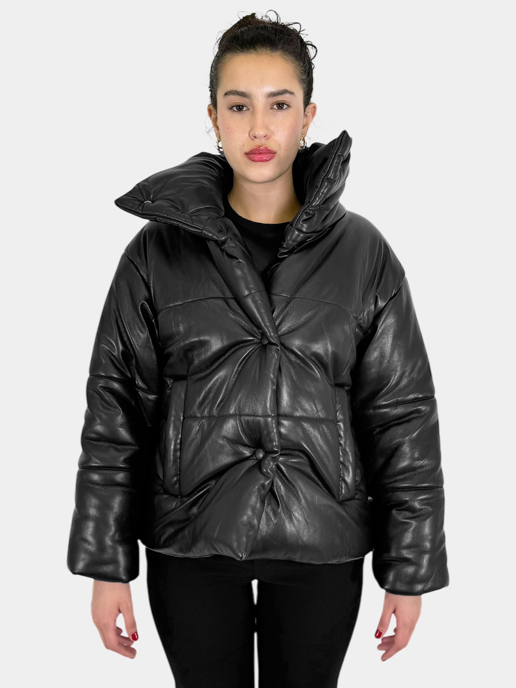Faux Leather Short Puffer Jacket - Size XS