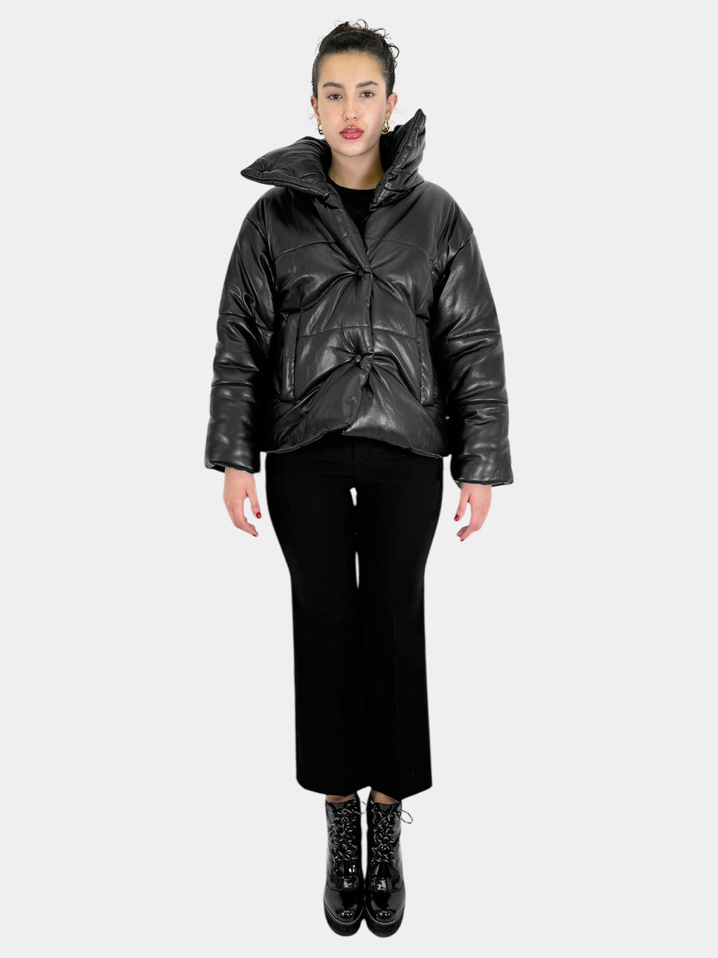 Faux Leather Short Puffer Jacket - Size XS