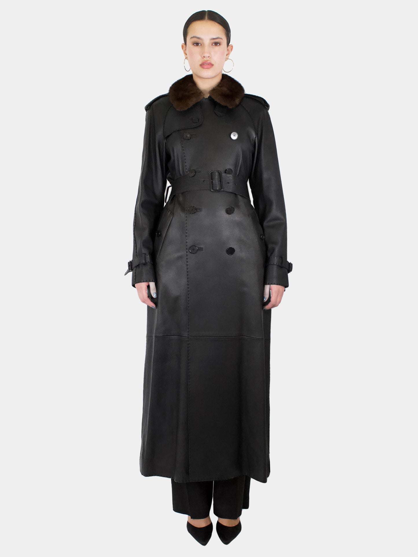 Long Double-Breasted Leather Coat - Size 10