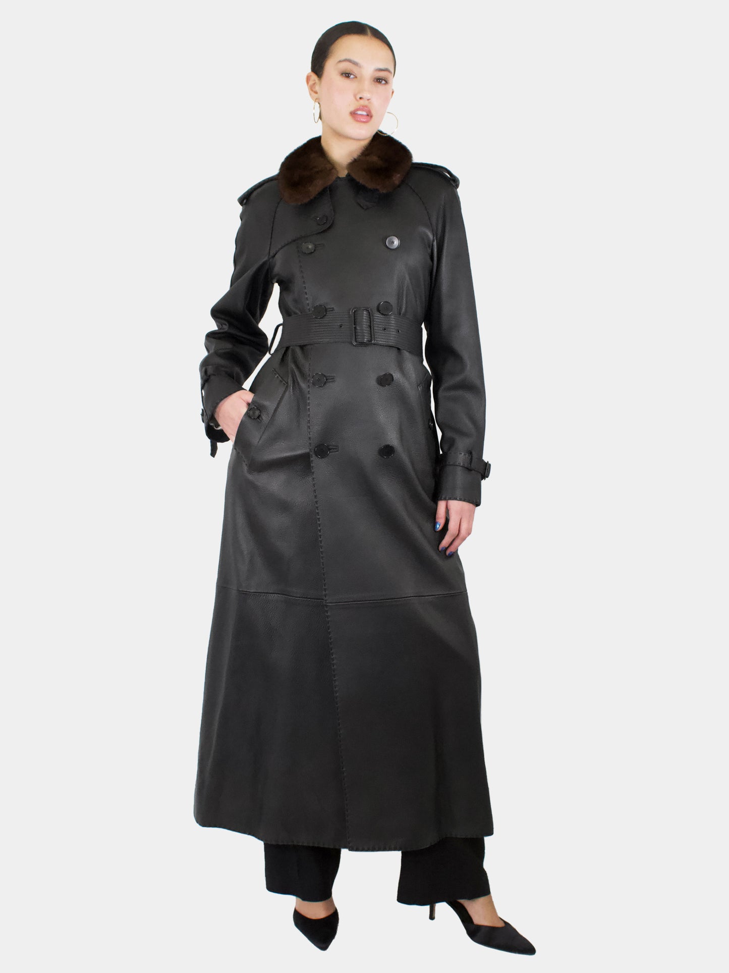 Long Double-Breasted Leather Coat - Size 10