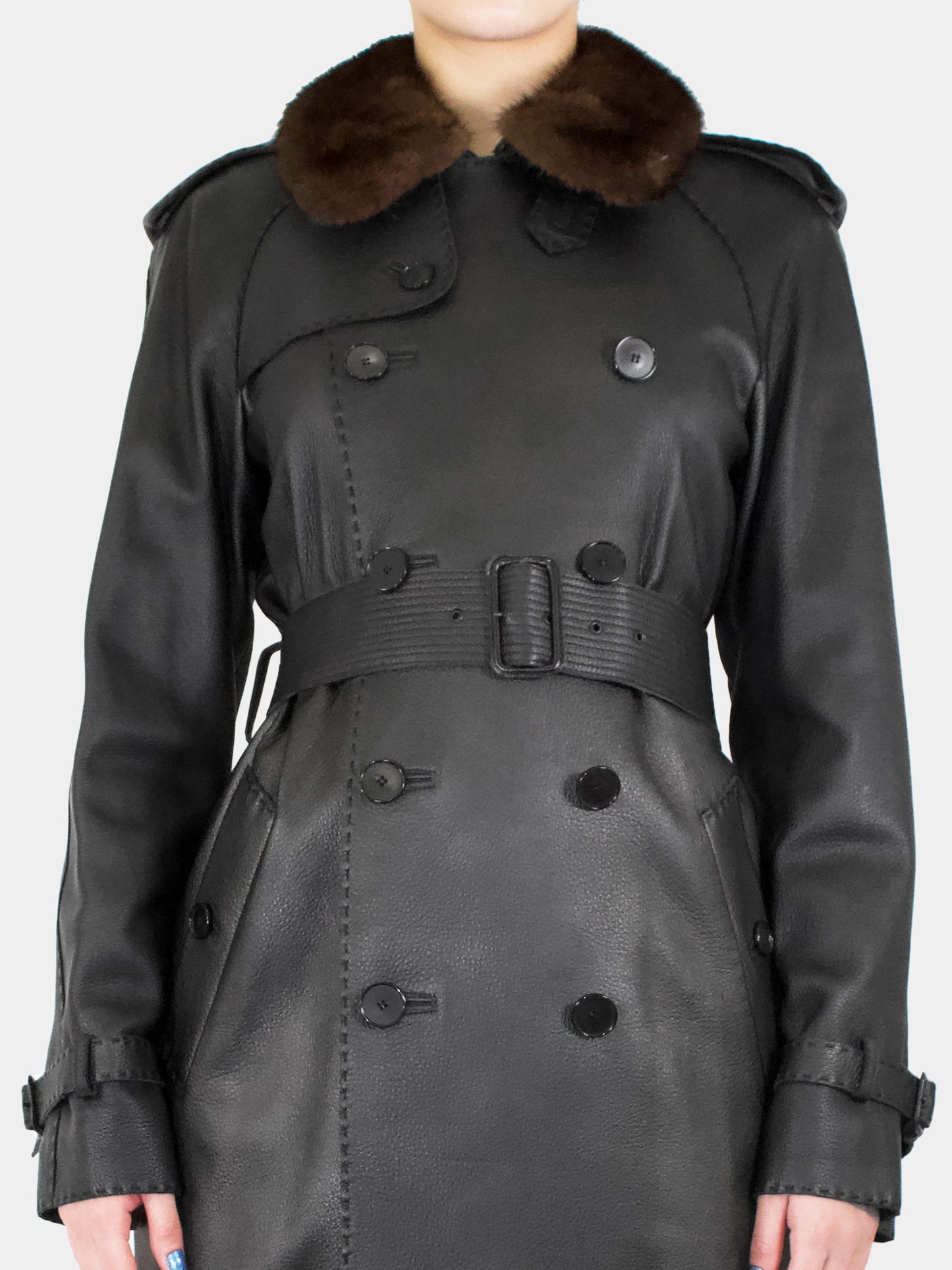 Long Double-Breasted Leather Coat - Size 10