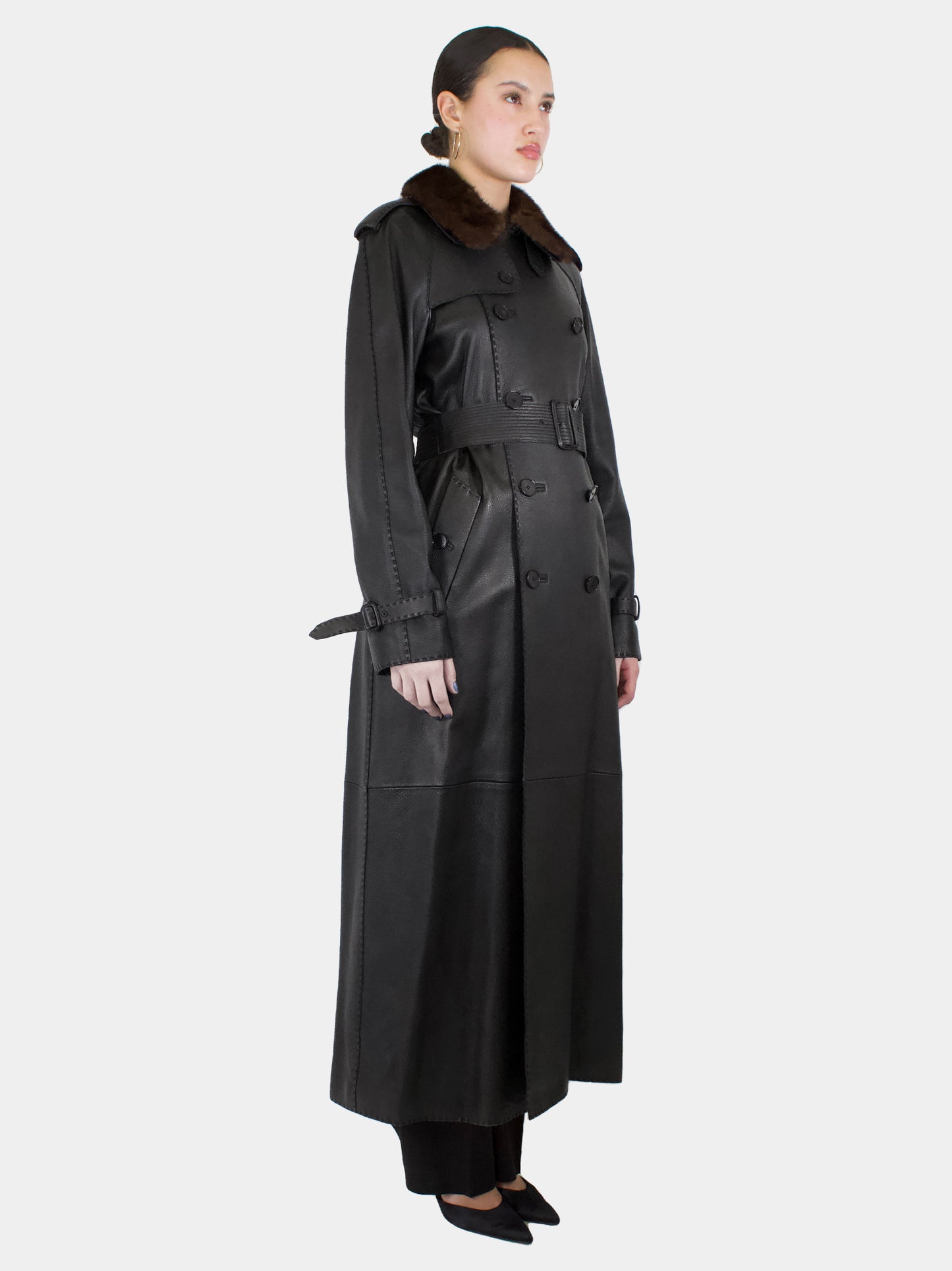 Long Double-Breasted Leather Coat - Size 10