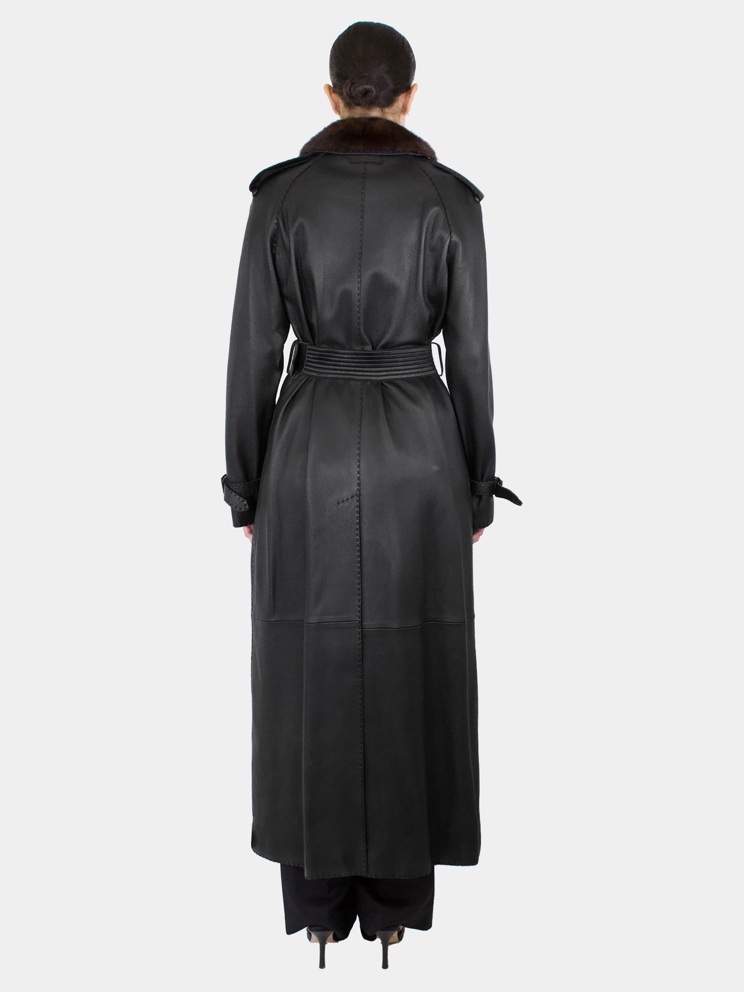 Long Double-Breasted Leather Coat - Size 10