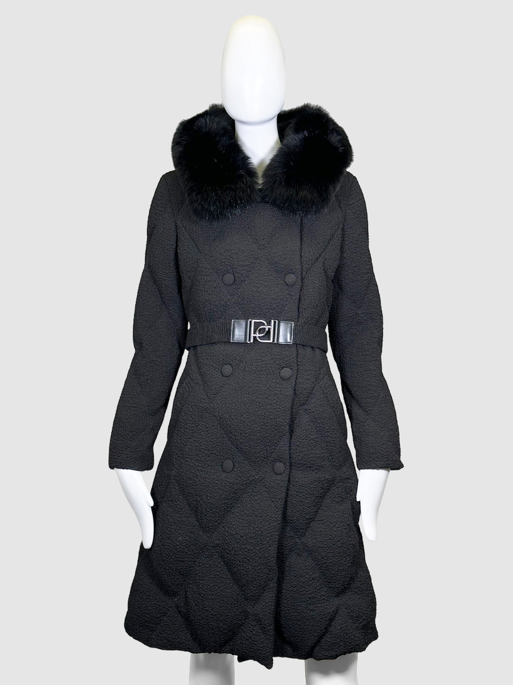 Double-Breasted Puffer Coat with Fur-Trimmed Hood - Size M