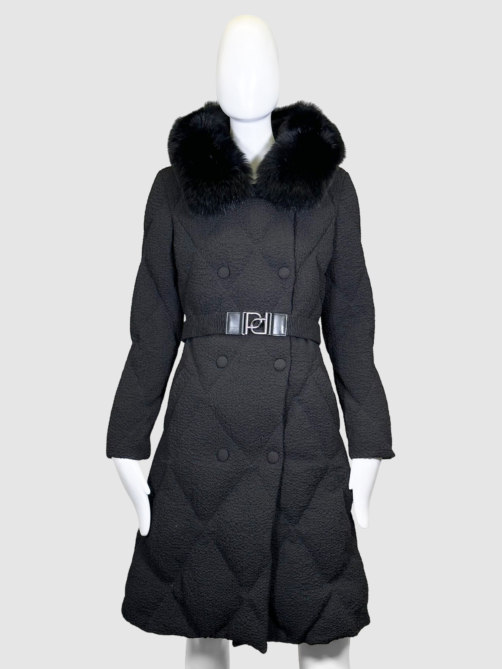 Double-Breasted Puffer Coat with Fur-Trimmed Hood - Size M