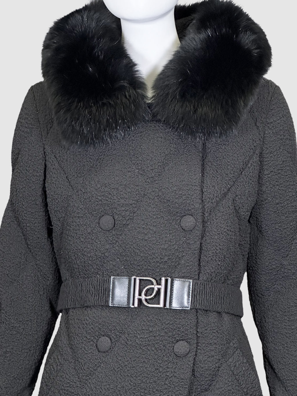 Double-Breasted Puffer Coat with Fur-Trimmed Hood - Size M