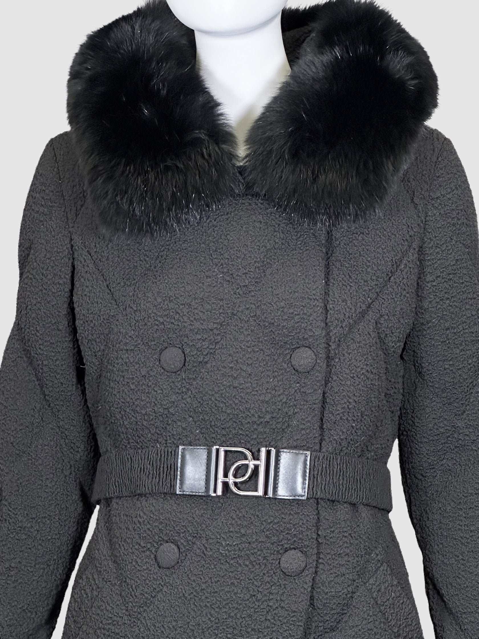 Double-Breasted Puffer Coat with Fur-Trimmed Hood - Size M