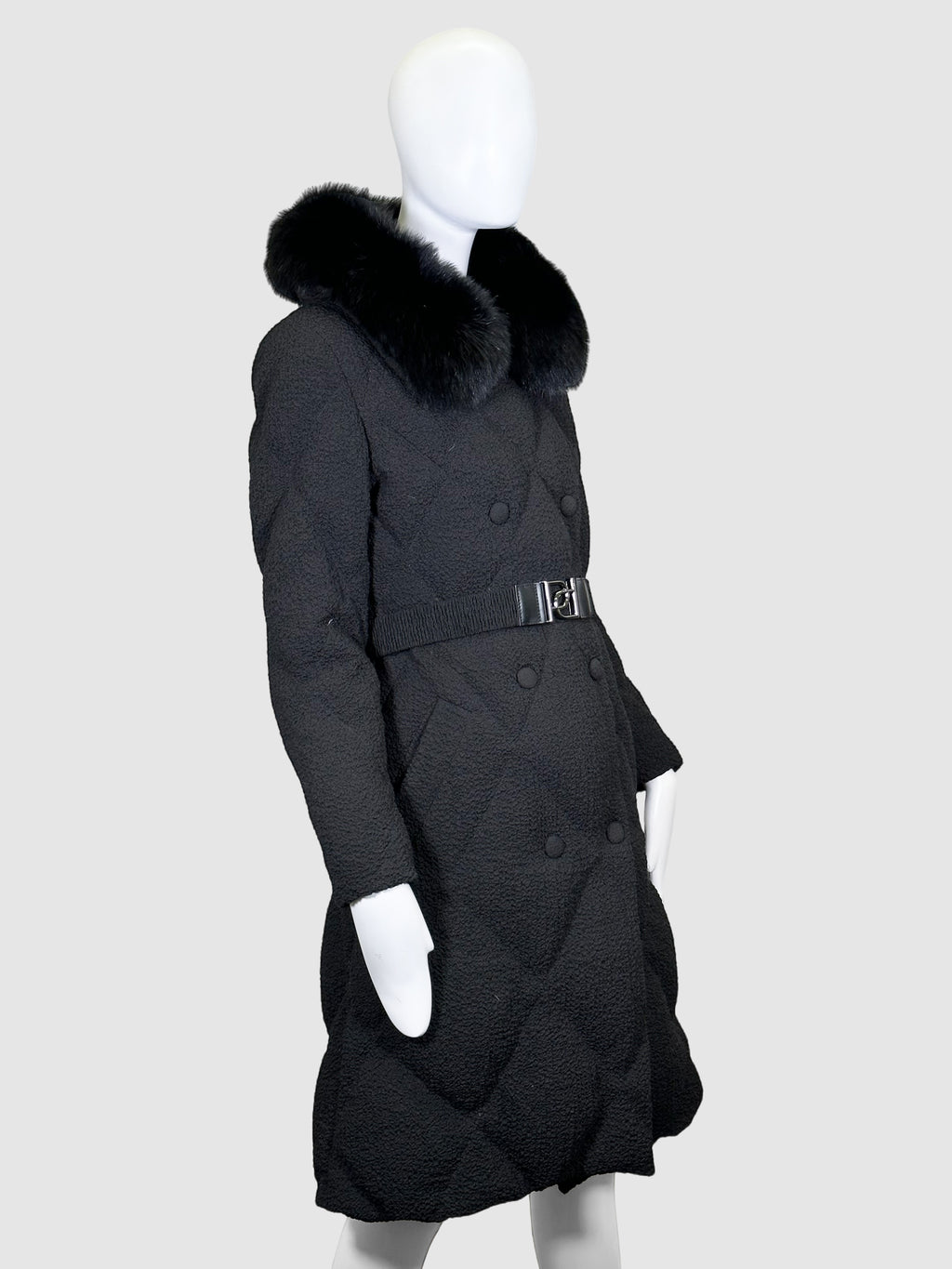 Double-Breasted Puffer Coat with Fur-Trimmed Hood - Size M