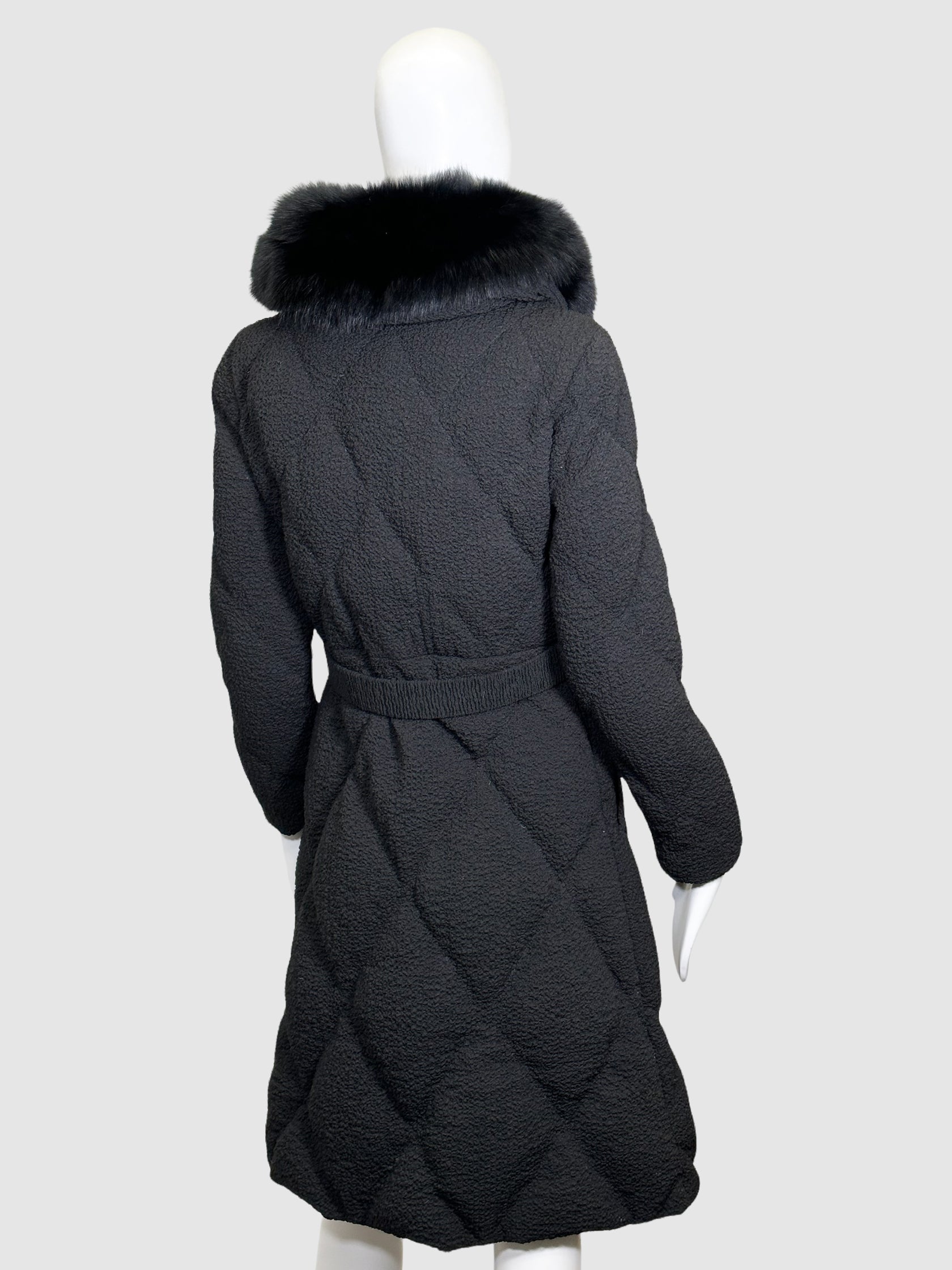 Double-Breasted Puffer Coat with Fur-Trimmed Hood - Size M