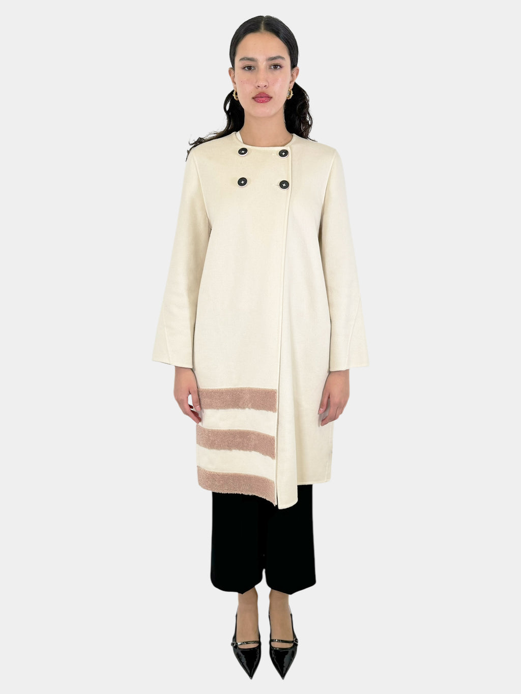 Stripe Accent Double-Breasted Coat - Size 40