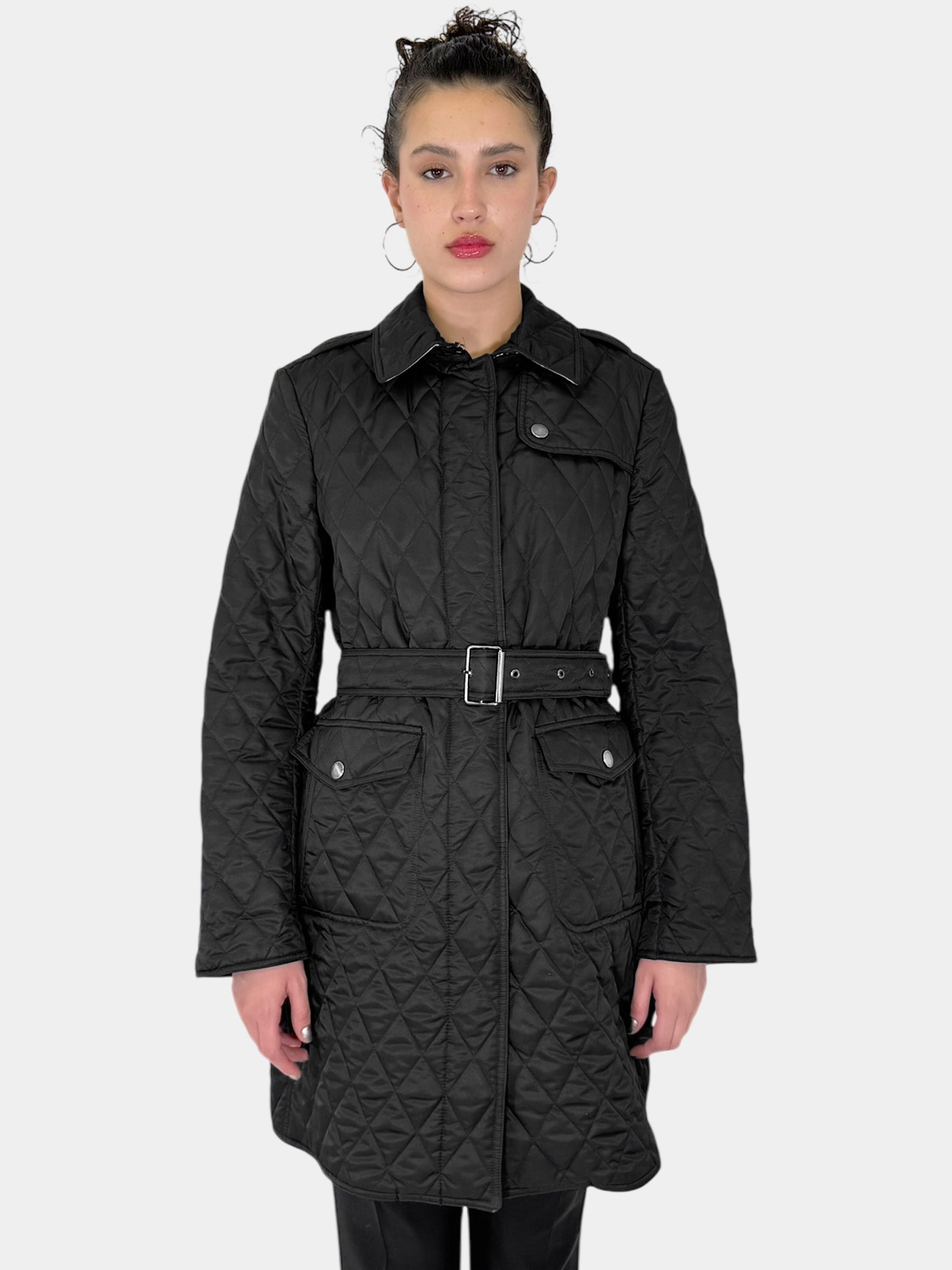 Burberry Brit Black Diamond Quilted Belted Down Button-Up Coat, Size Large Luxury Designer Resale Consignment Toronto Jacket