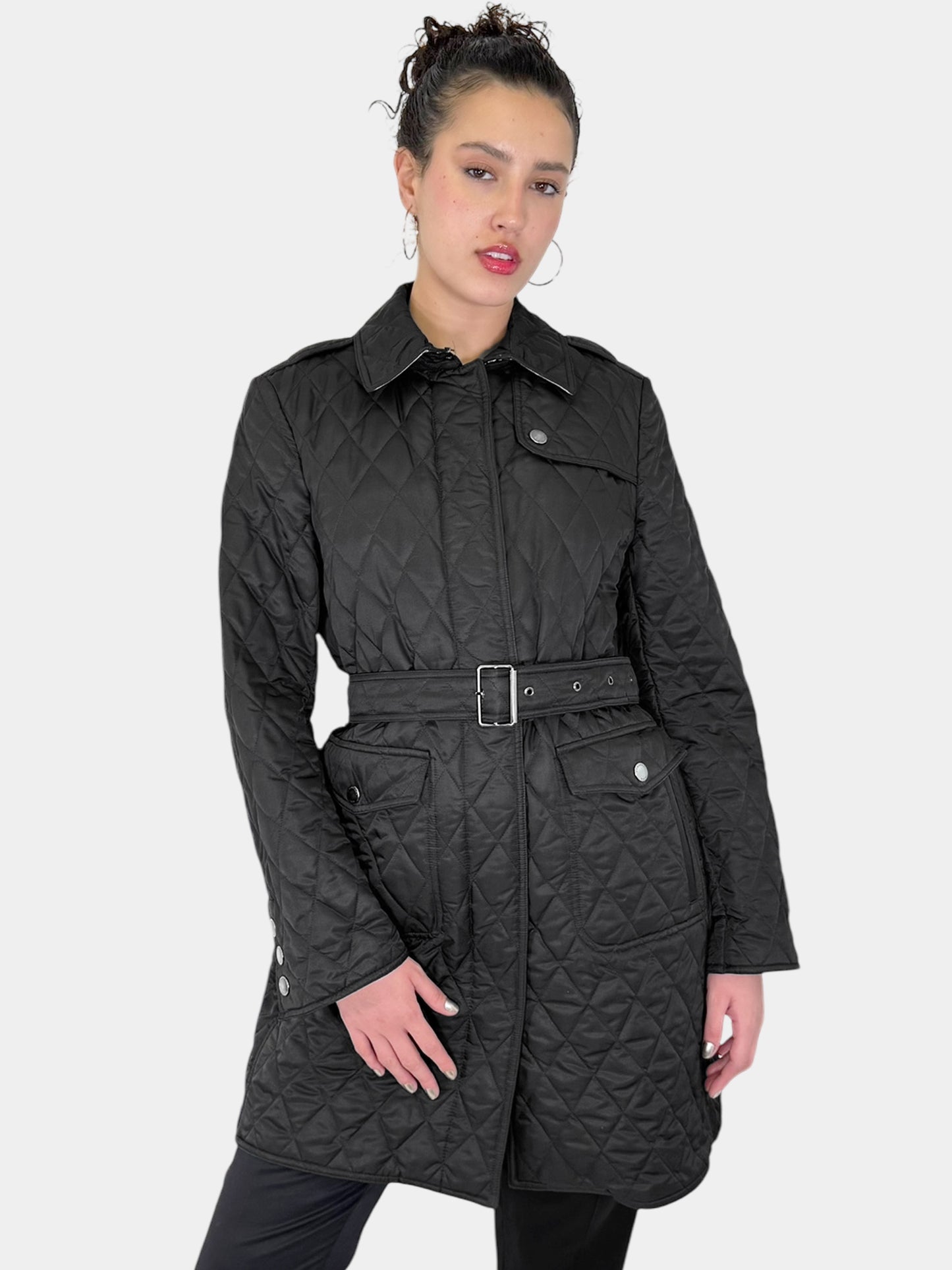 Burberry Brit Black Diamond Quilted Belted Down Button-Up Coat, Size Large Luxury Designer Resale Consignment Toronto Jacket