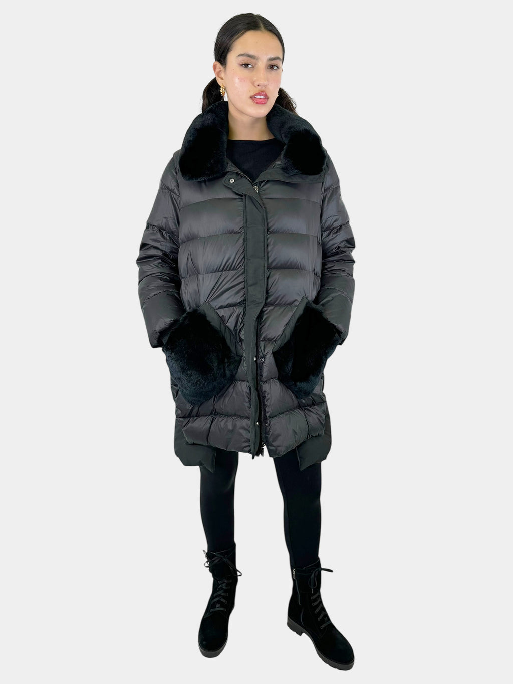 Faux Fur Trim Quilted Coat - Size L