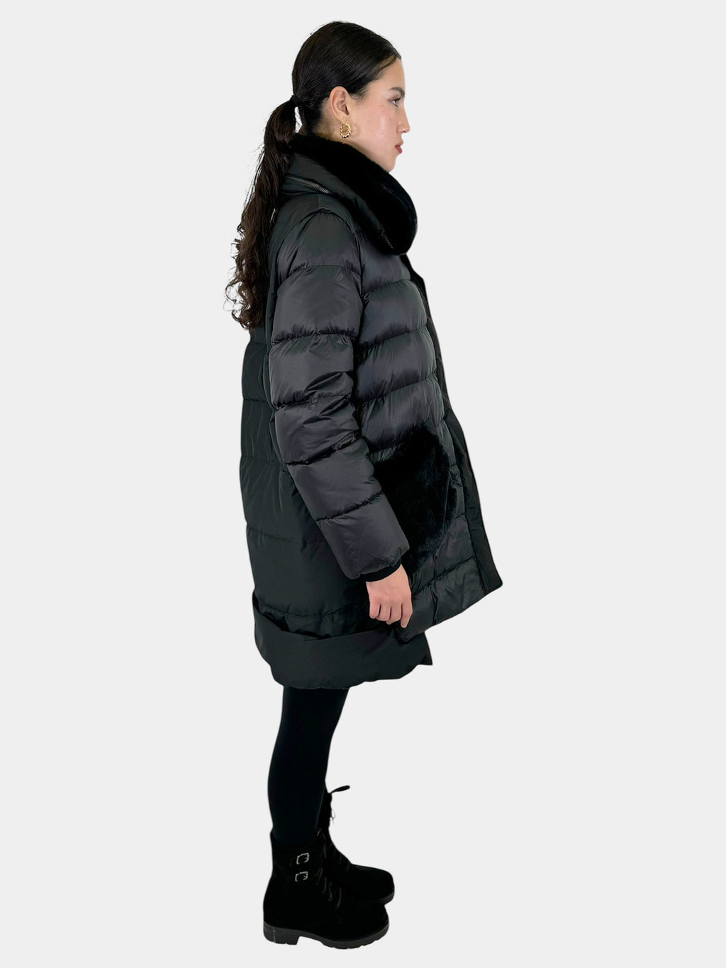 Faux Fur Trim Quilted Coat - Size L