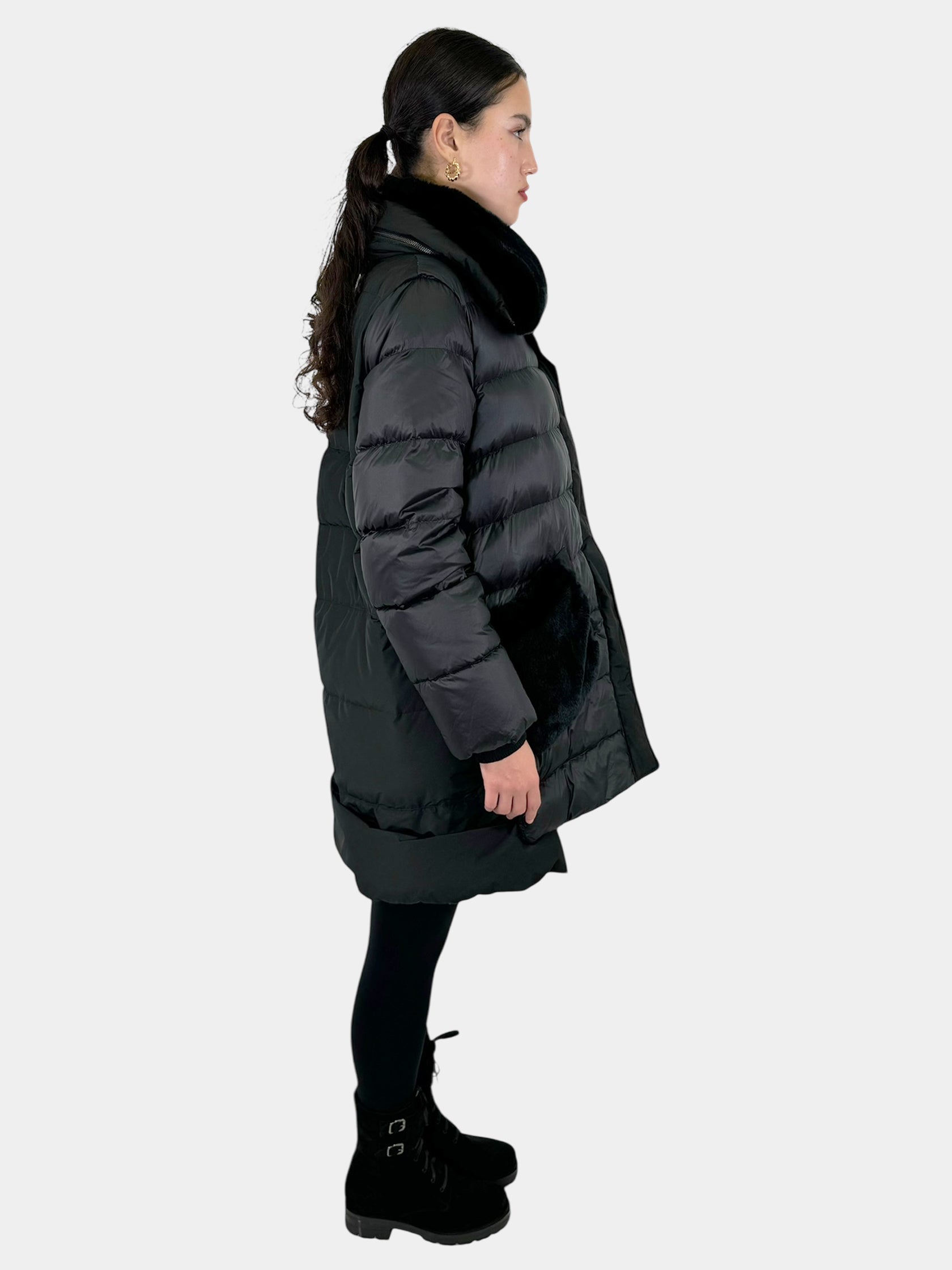 Faux Fur Trim Quilted Coat - Size L