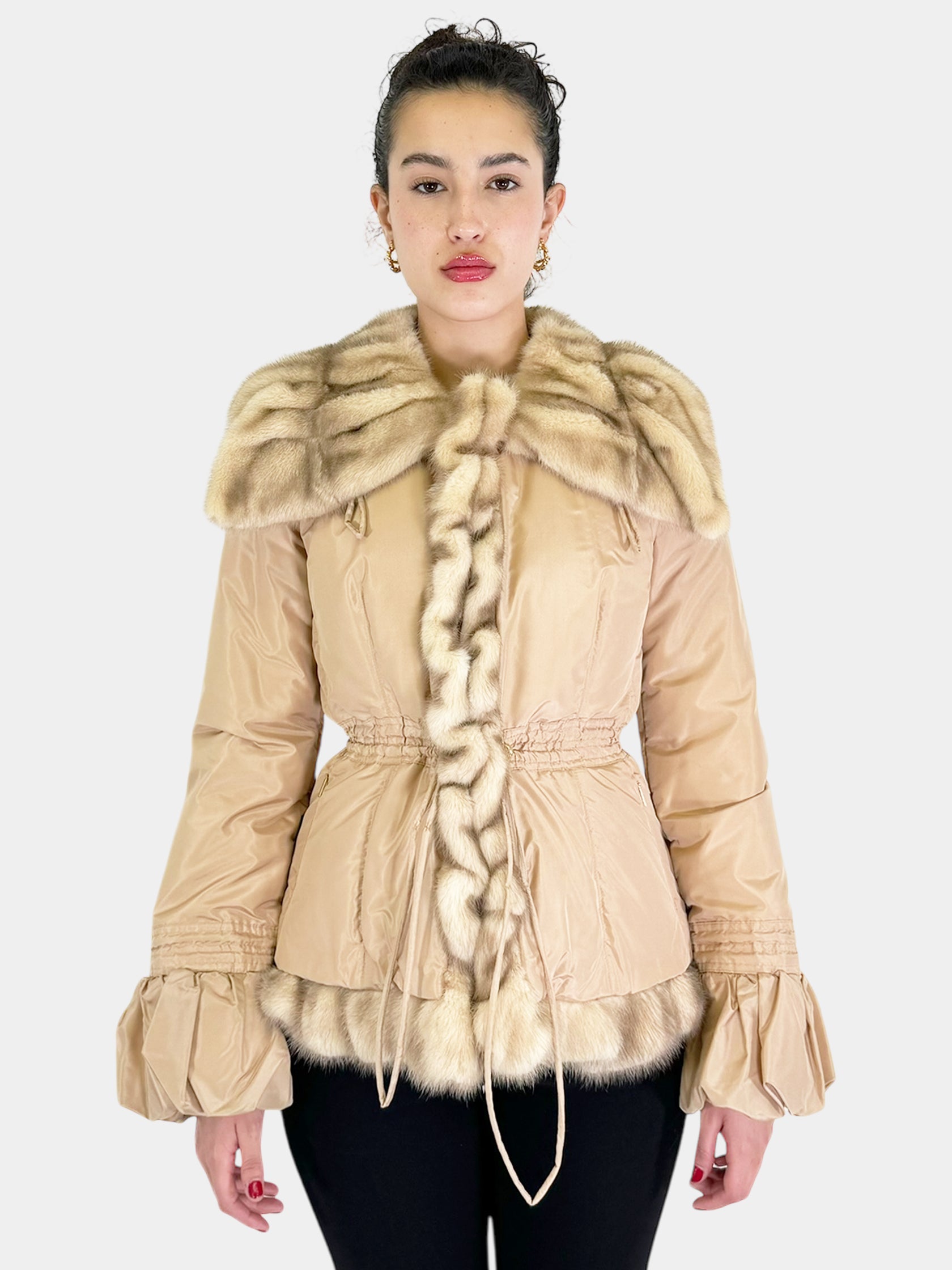 Mink Fur Trim Puffer Coat - Size 42