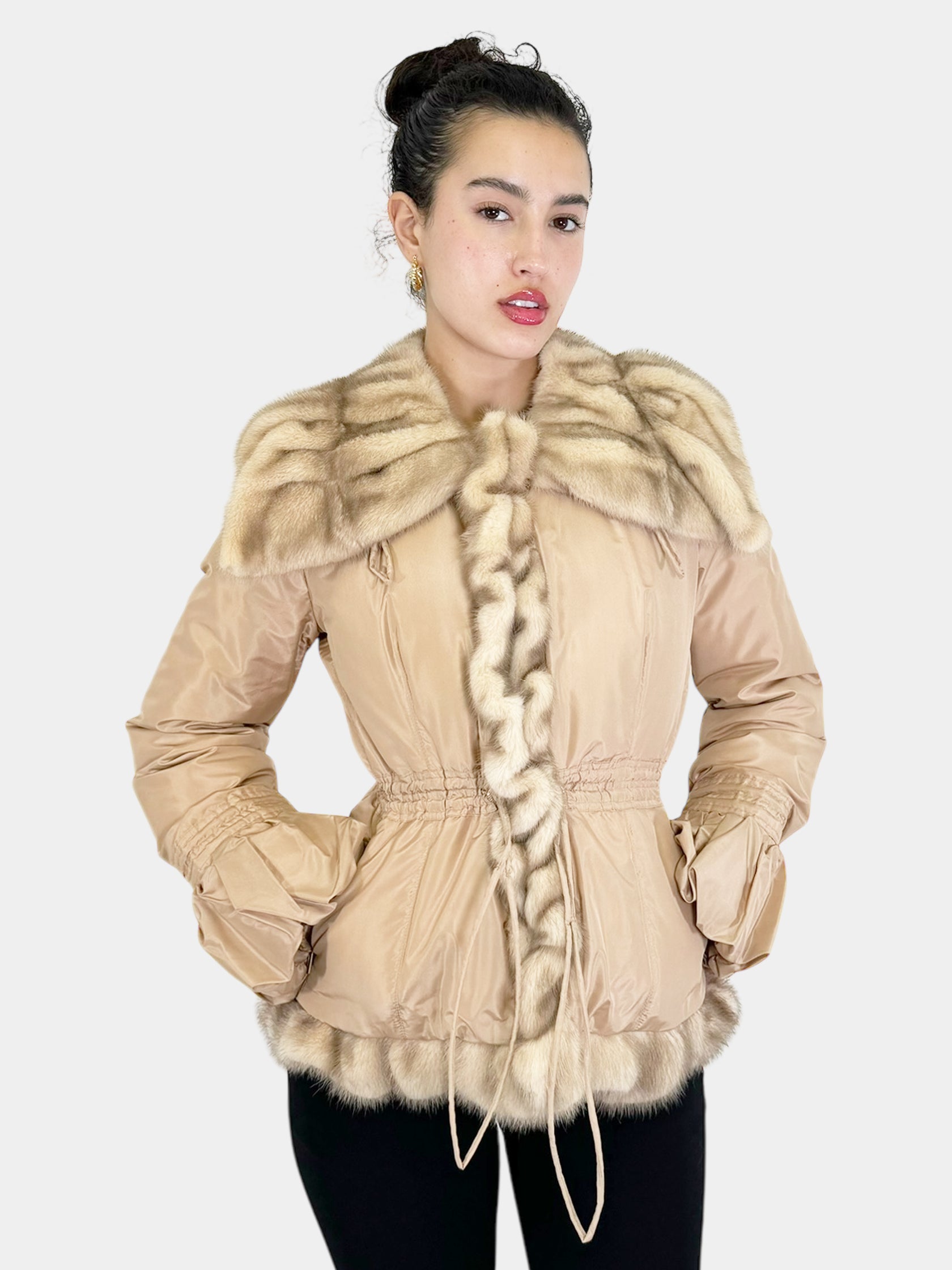 Mink Fur Trim Puffer Coat - Size 42