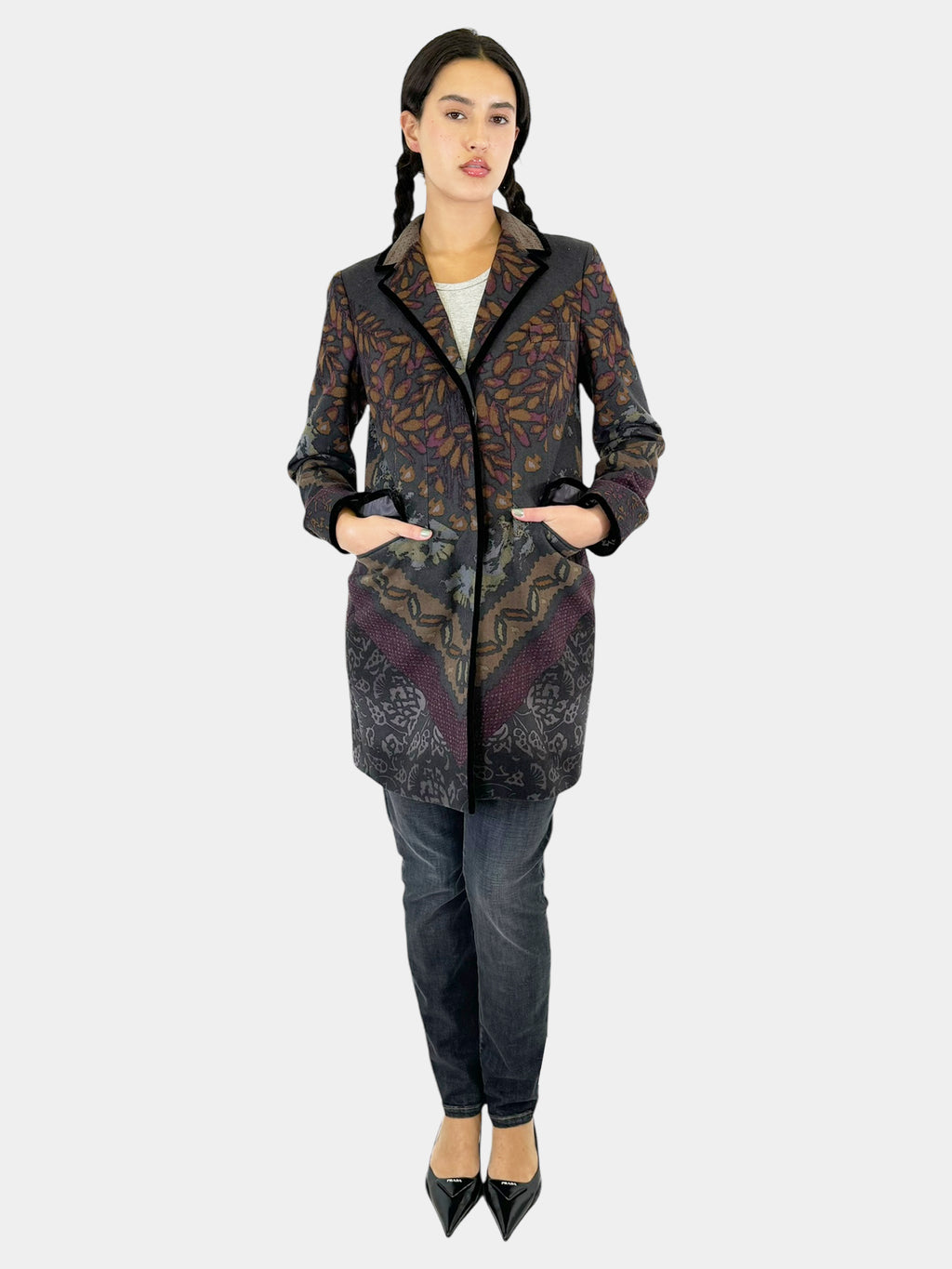 Floral Print Velvet Quilted Jacket - Size 44