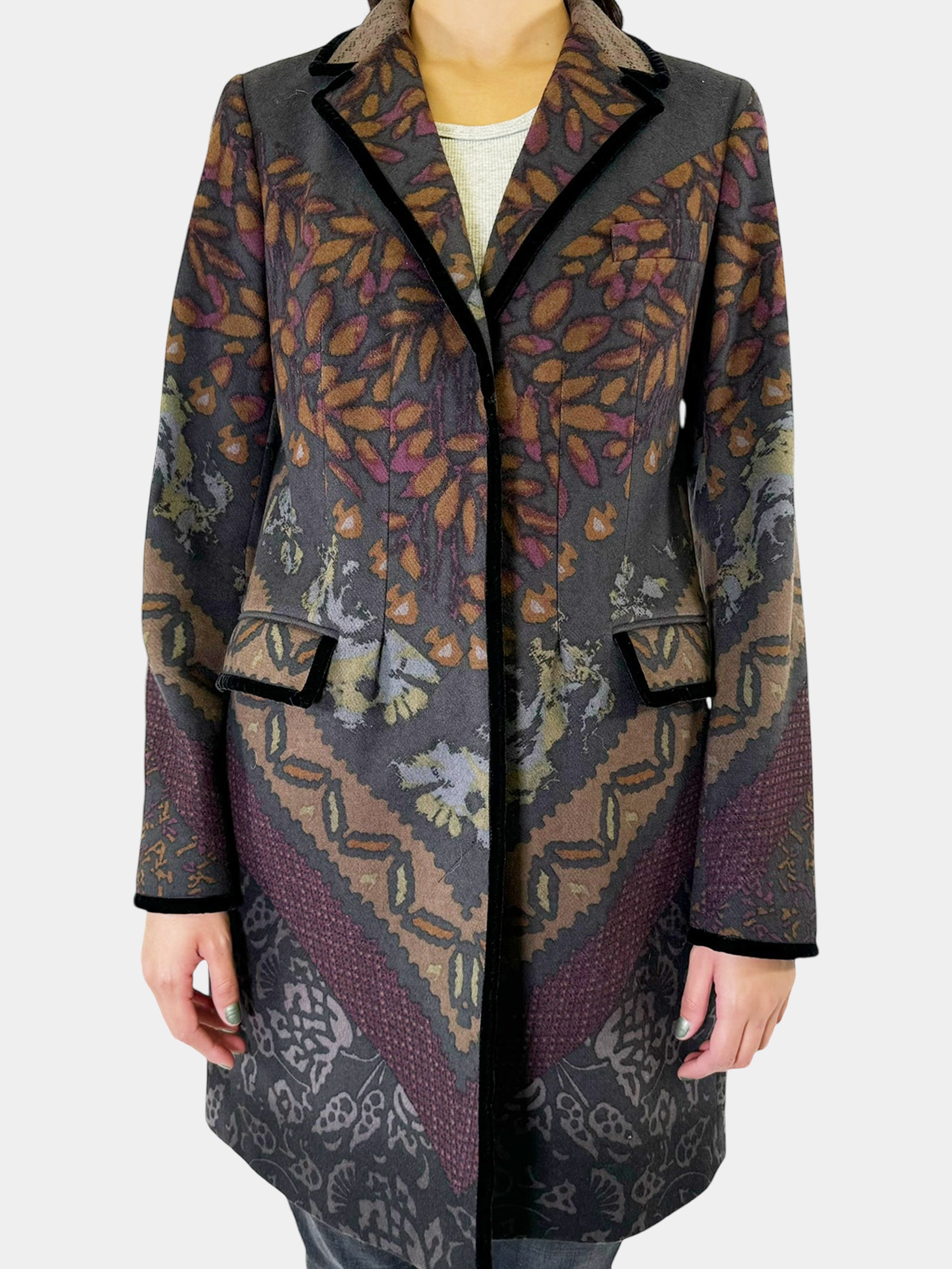 Floral Print Velvet Quilted Jacket - Size 44