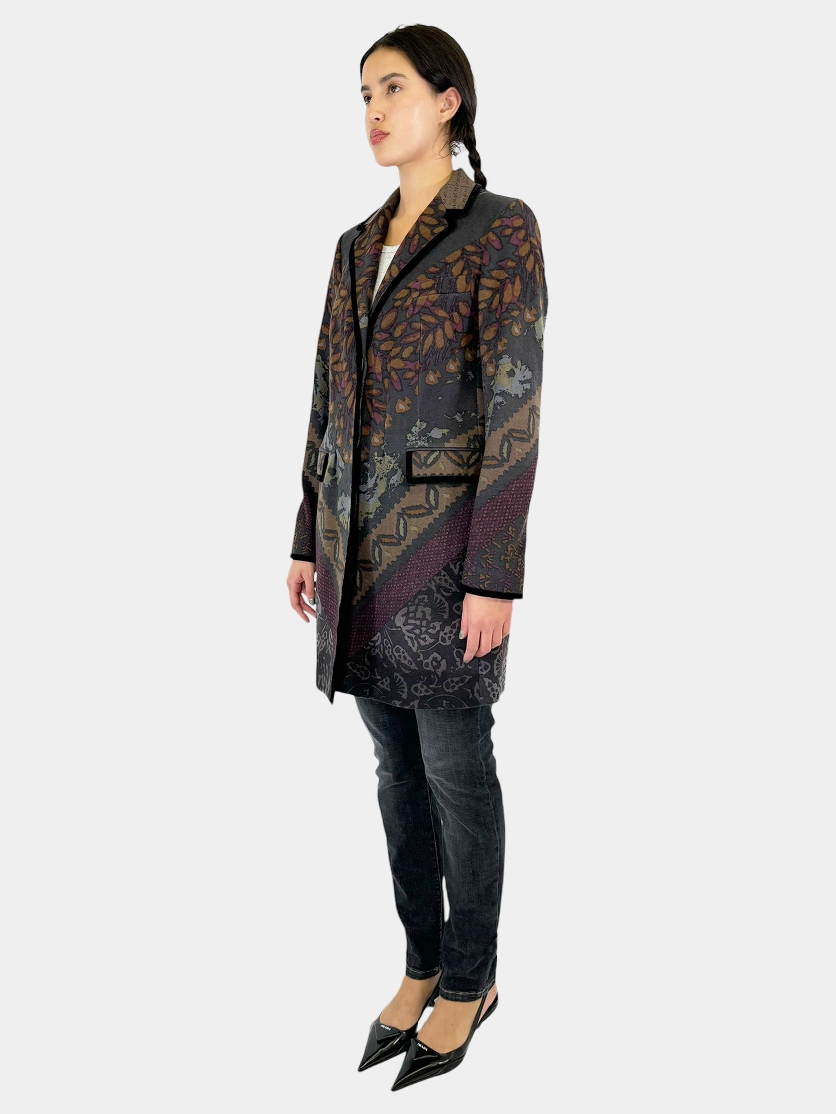 Floral Print Velvet Quilted Jacket - Size 44