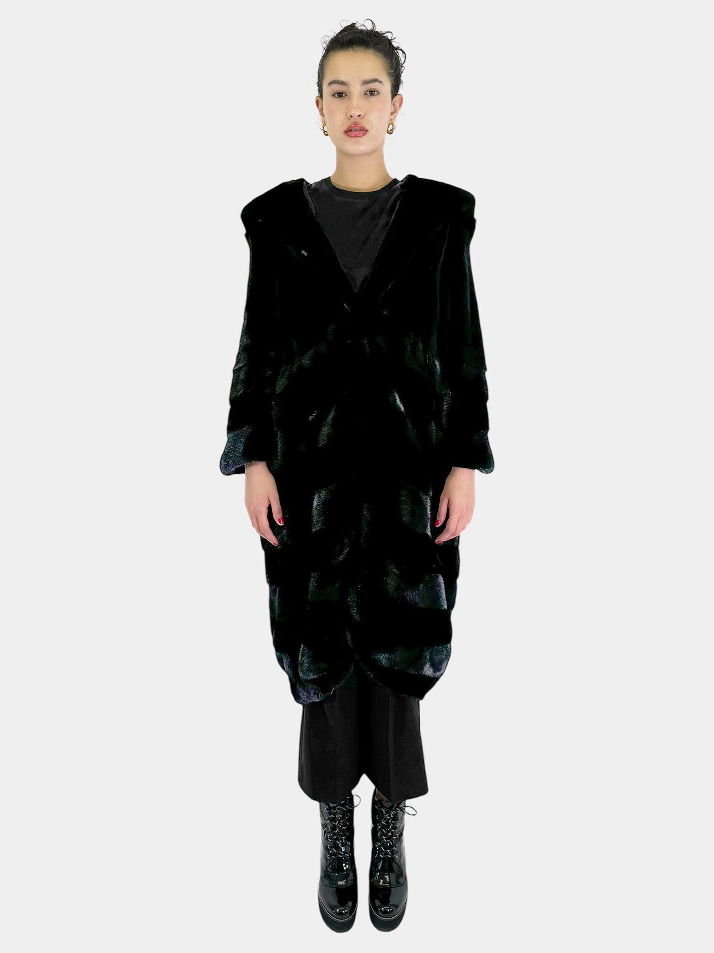 Mink Fur Long Coat with Hood - Size 42