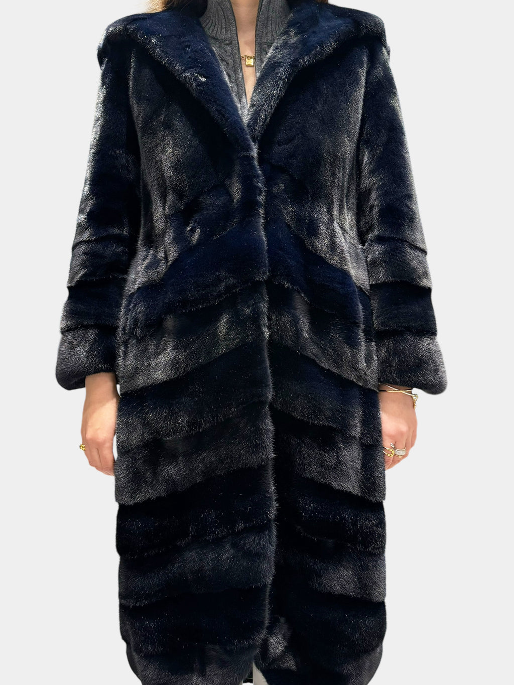 Mink Fur Long Coat with Hood - Size 42