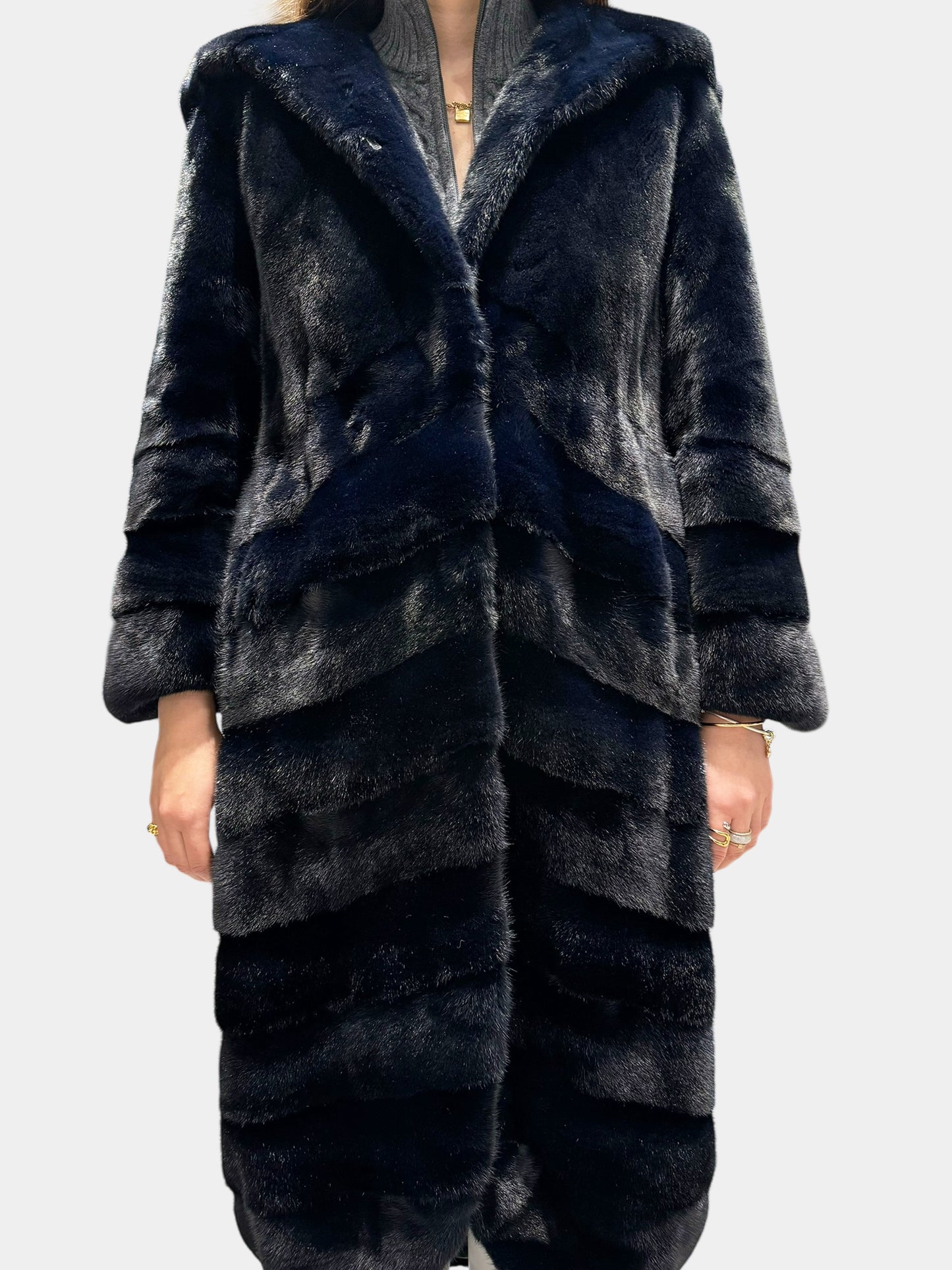 Mink Fur Long Coat with Hood - Size 42