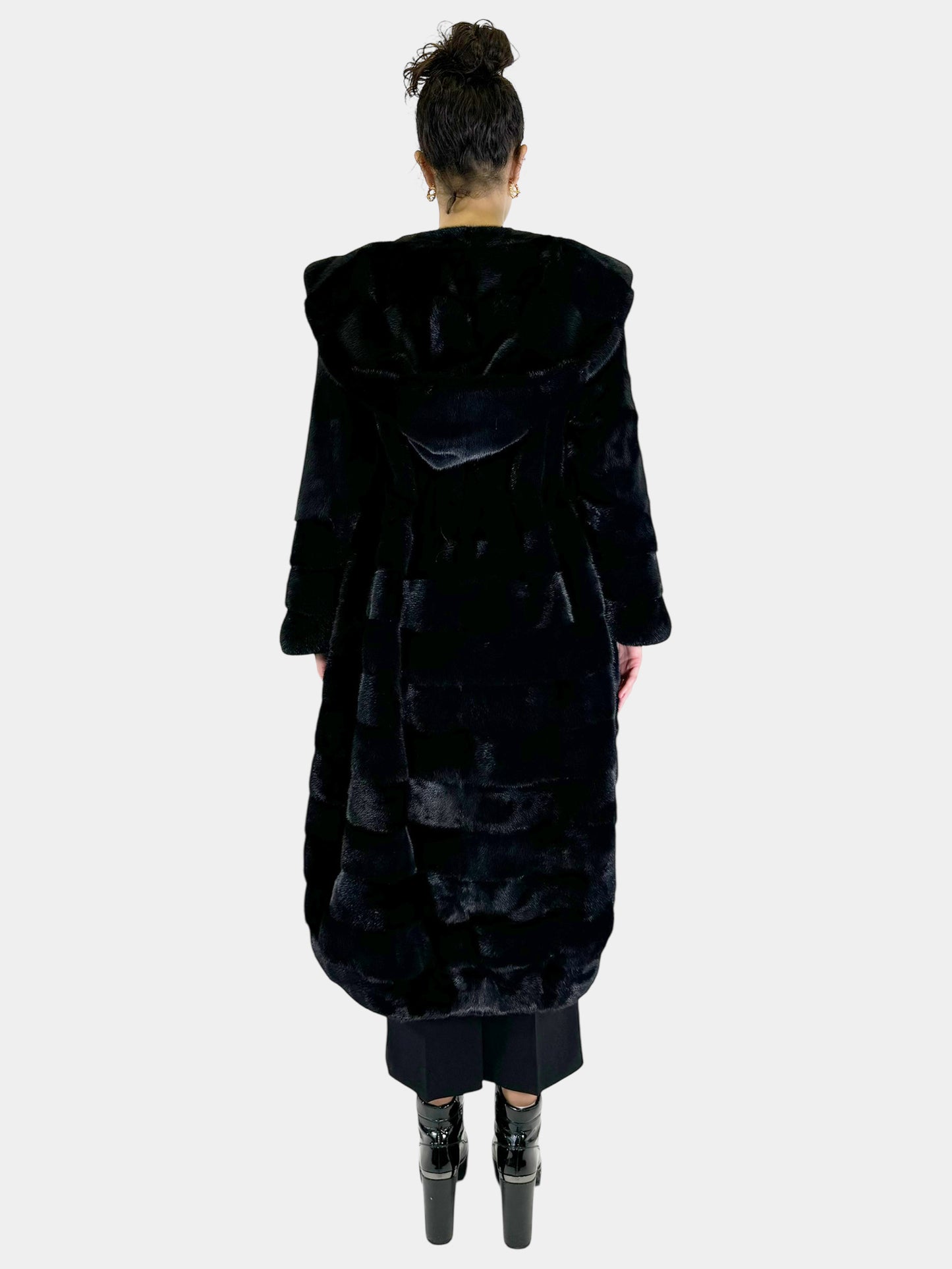 Mink Fur Long Coat with Hood - Size 42