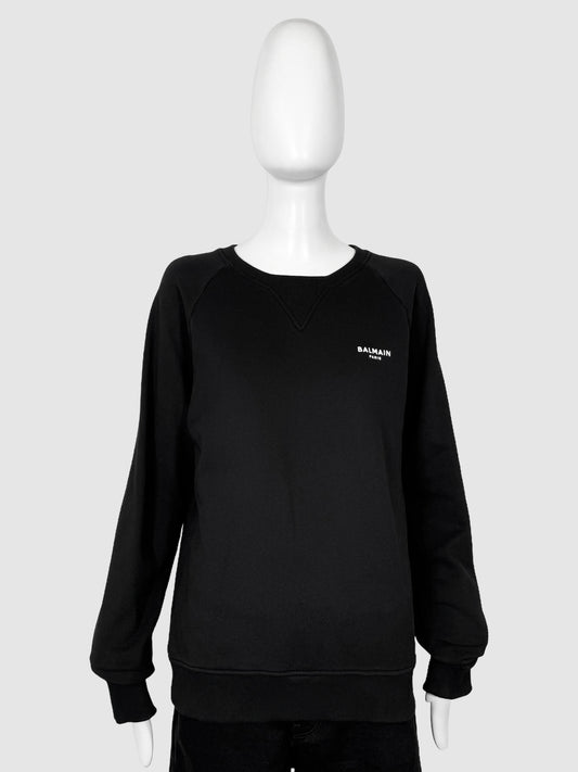 Balmain Black with White Logo Flocked Ribbed Cuff Crewneck Sweatshirt Size Medium Consignment Secondhand Designer Luxury Resale Toronto Trendy