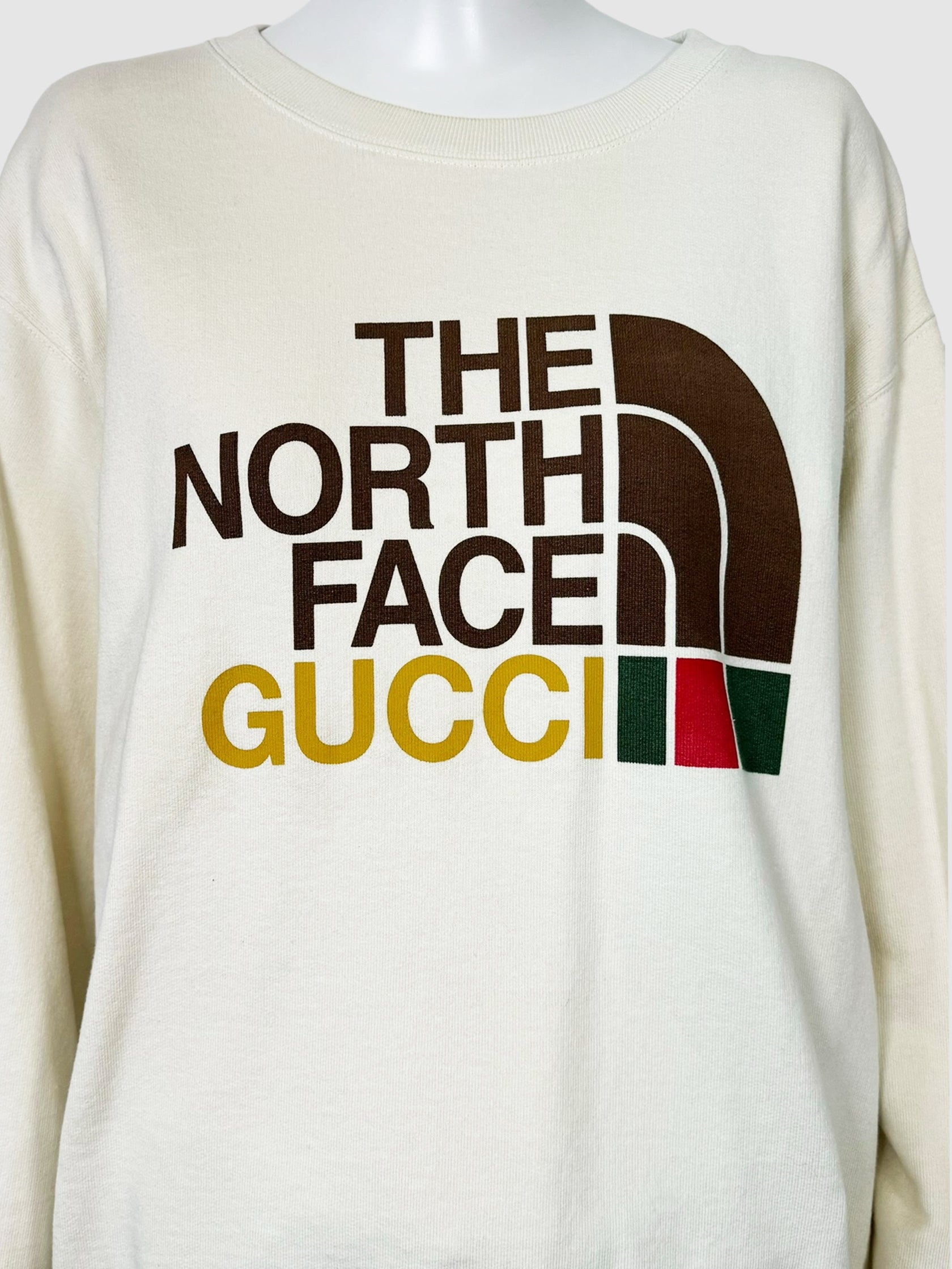 The North Face x Gucci Cream 2021 Logo Cotton Crewneck Sweatshirt Size Medium Consignment Secondhand Designer Luxury Resale Toronto Trendy