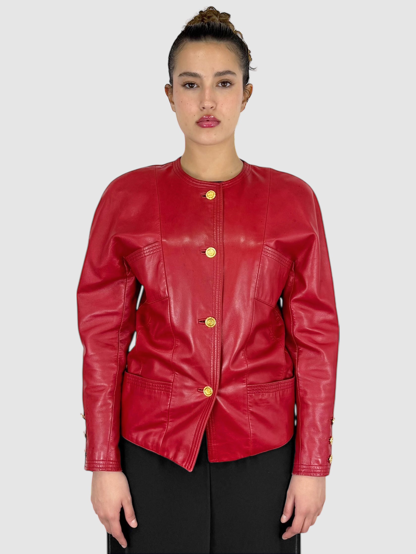 Chanel Red Leather Single-Breasted Jacket with Logo Buttons - Size Small luxury designer resale secondhand toronto consignment toronto