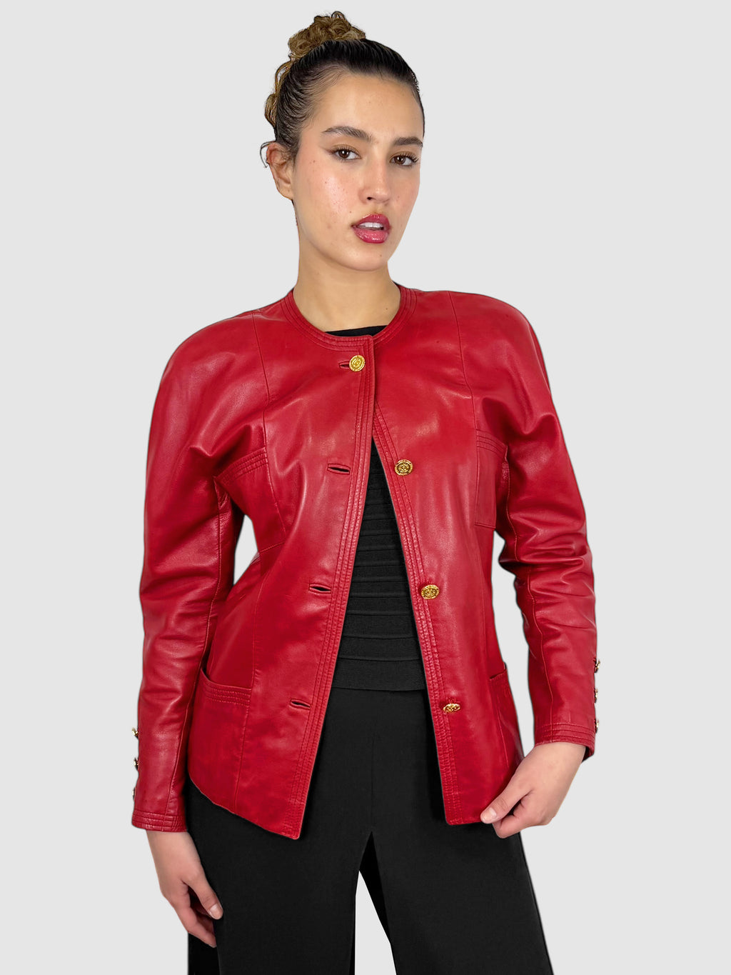 Chanel Red Leather Single-Breasted Jacket with Logo Buttons - Size Small luxury designer resale secondhand toronto consignment toronto