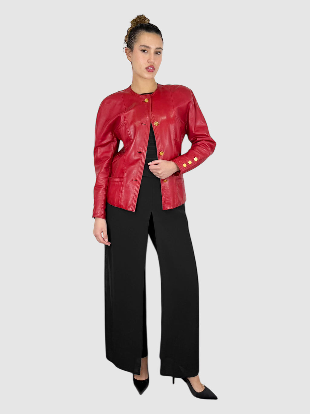 Chanel Red Leather Single-Breasted Jacket with Logo Buttons - Size Small luxury designer resale secondhand toronto consignment toronto