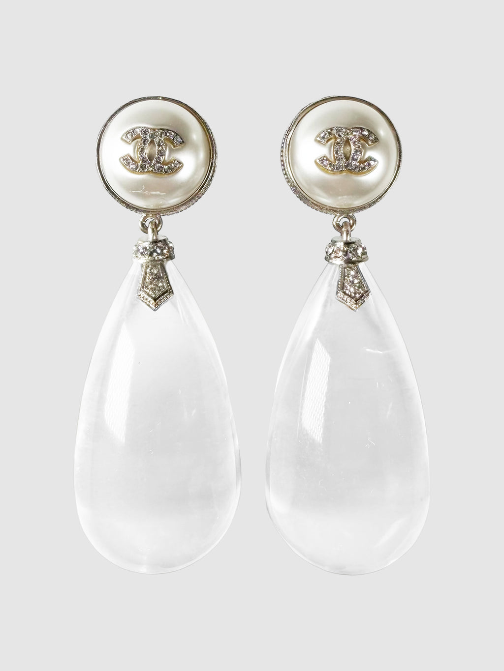 Chanel Silver-Tone 2018 Faux-Pearl and Crystal Drop Clip-On Earrings luxury designer resale consignment toronto canada secondhand