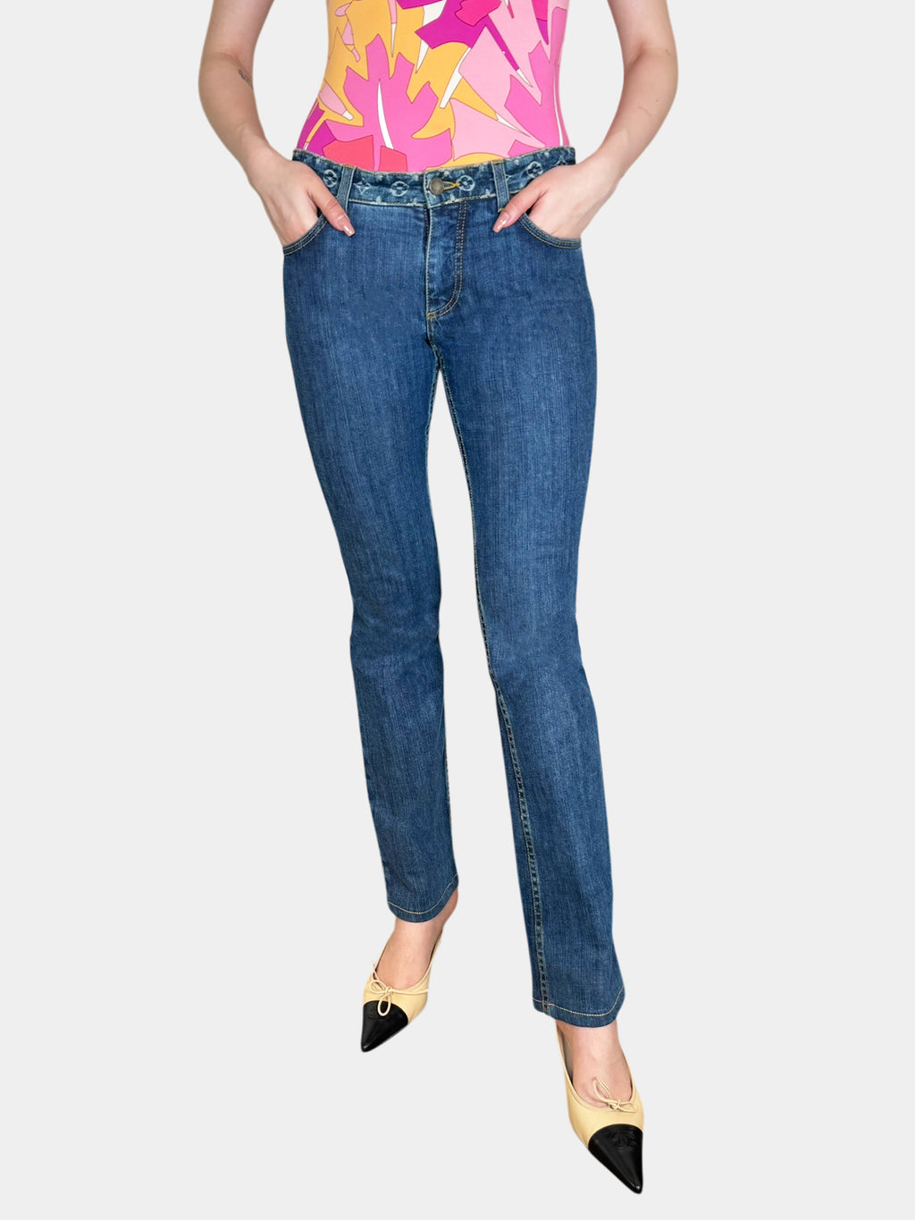 Louis Vuitton x Marc Jacobs Fall/Winter 2006 Blue Monogram Embroidered Denim Pants, Size 38 Luxury Designer Bottoms Jeans Trendy Consignment Resale Secondhand Vintage Toronto