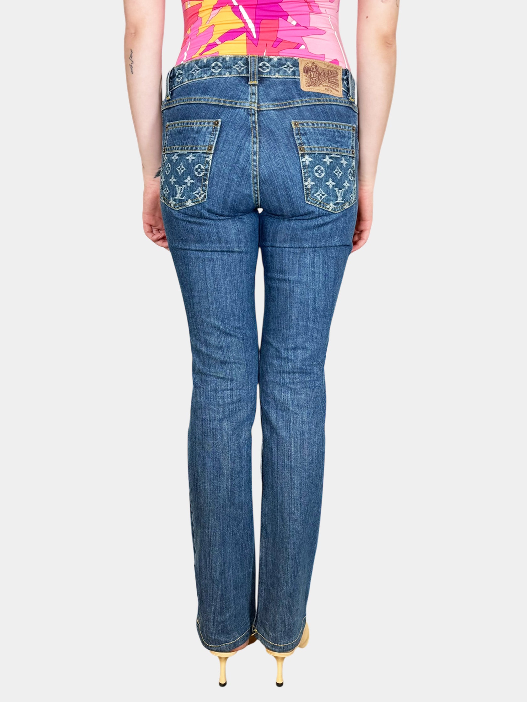 Louis Vuitton x Marc Jacobs Fall/Winter 2006 Blue Monogram Embroidered Denim Pants, Size 38 Luxury Designer Bottoms Jeans Trendy Consignment Resale Secondhand Vintage Toronto