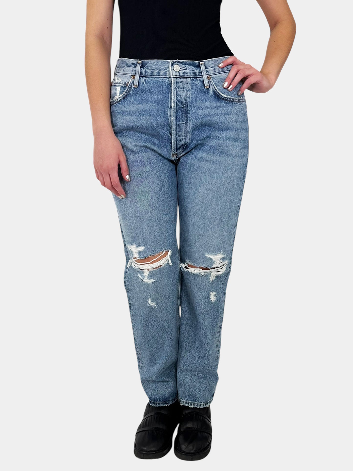 90's Pinch Waist Distressed Jeans - Size 30