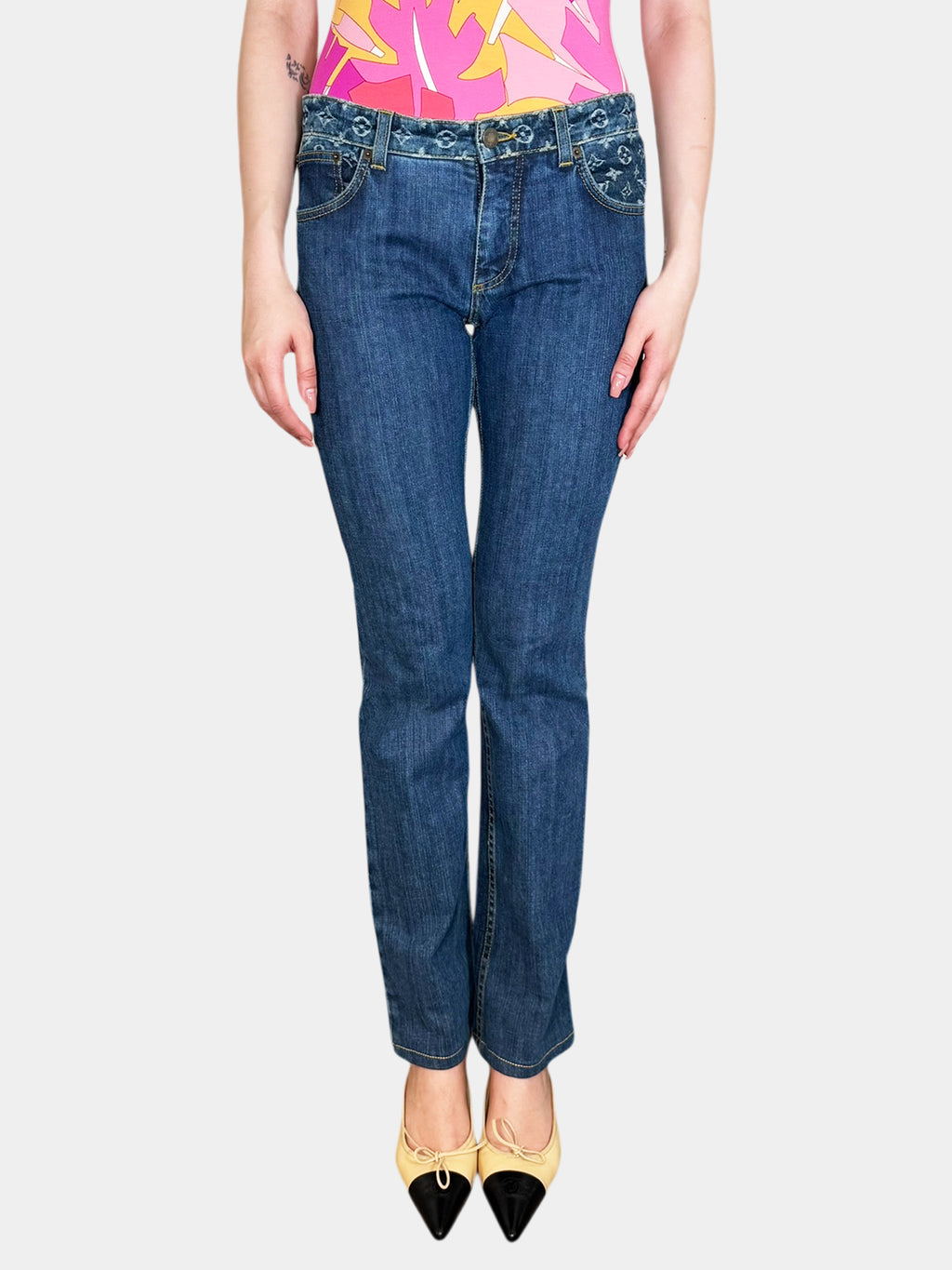 Louis Vuitton x Marc Jacobs Fall/Winter 2006 Blue Monogram Embroidered Denim Pants, Size 38 Luxury Designer Bottoms Jeans Trendy Consignment Resale Secondhand Vintage Toronto