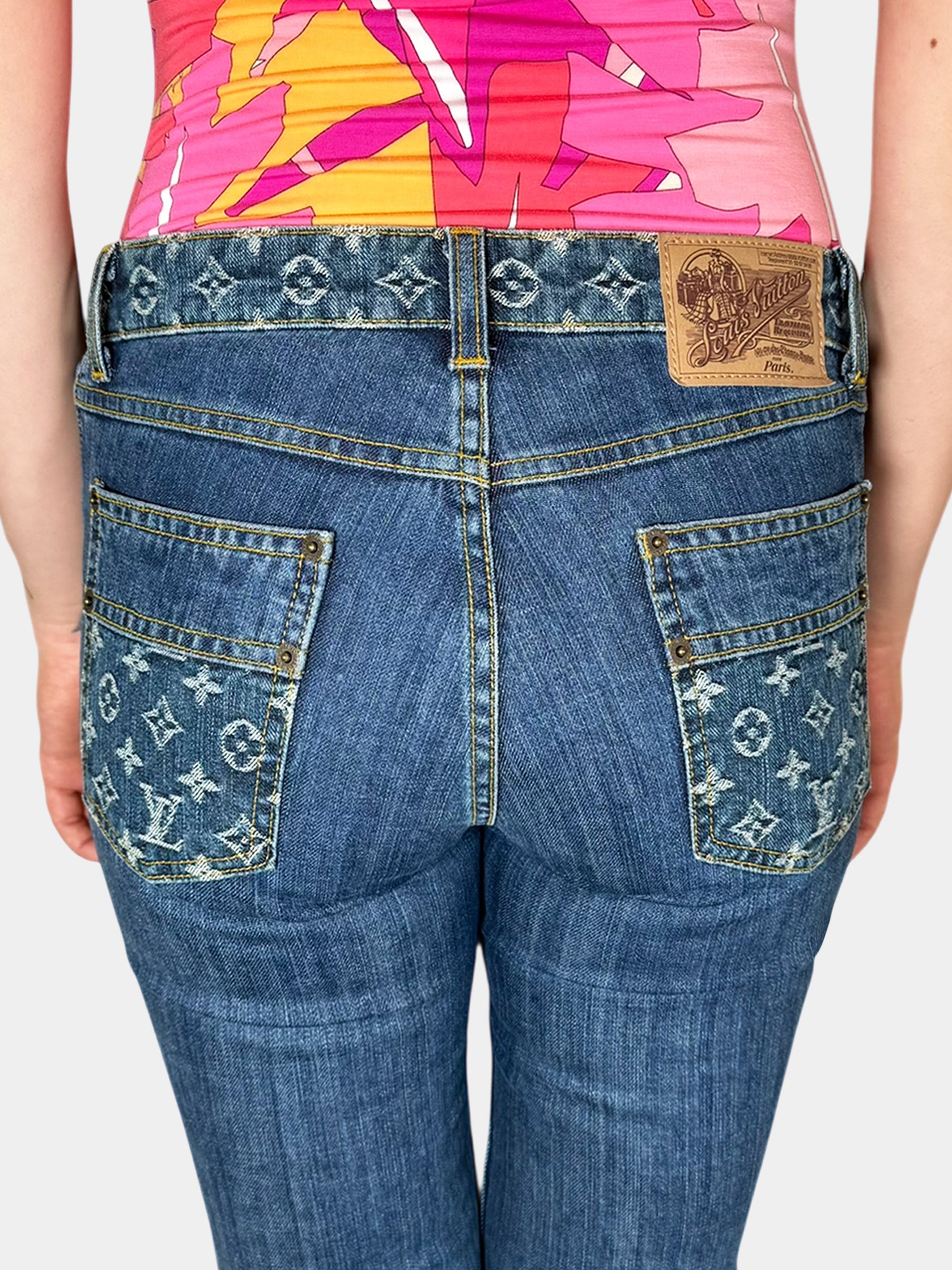 Louis Vuitton x Marc Jacobs Fall/Winter 2006 Blue Monogram Embroidered Denim Pants, Size 38 Luxury Designer Bottoms Jeans Trendy Consignment Resale Secondhand Vintage Toronto