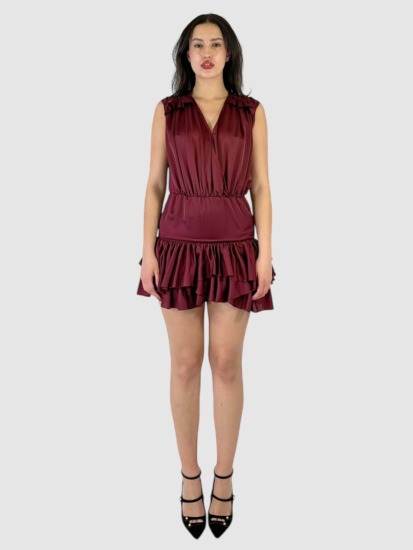 Sleeveless Ruffled V-Neck Mini Dress - Size 32