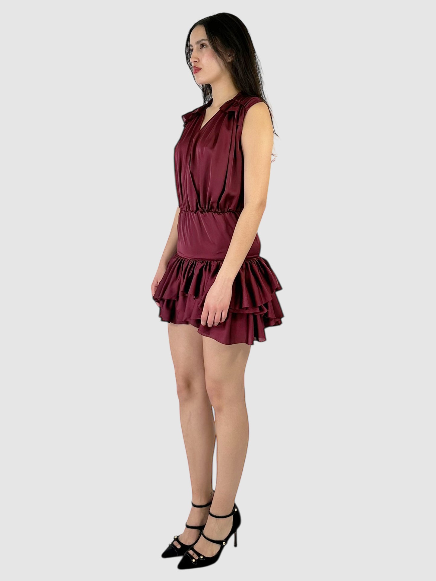 Sleeveless Ruffled V-Neck Mini Dress - Size 32