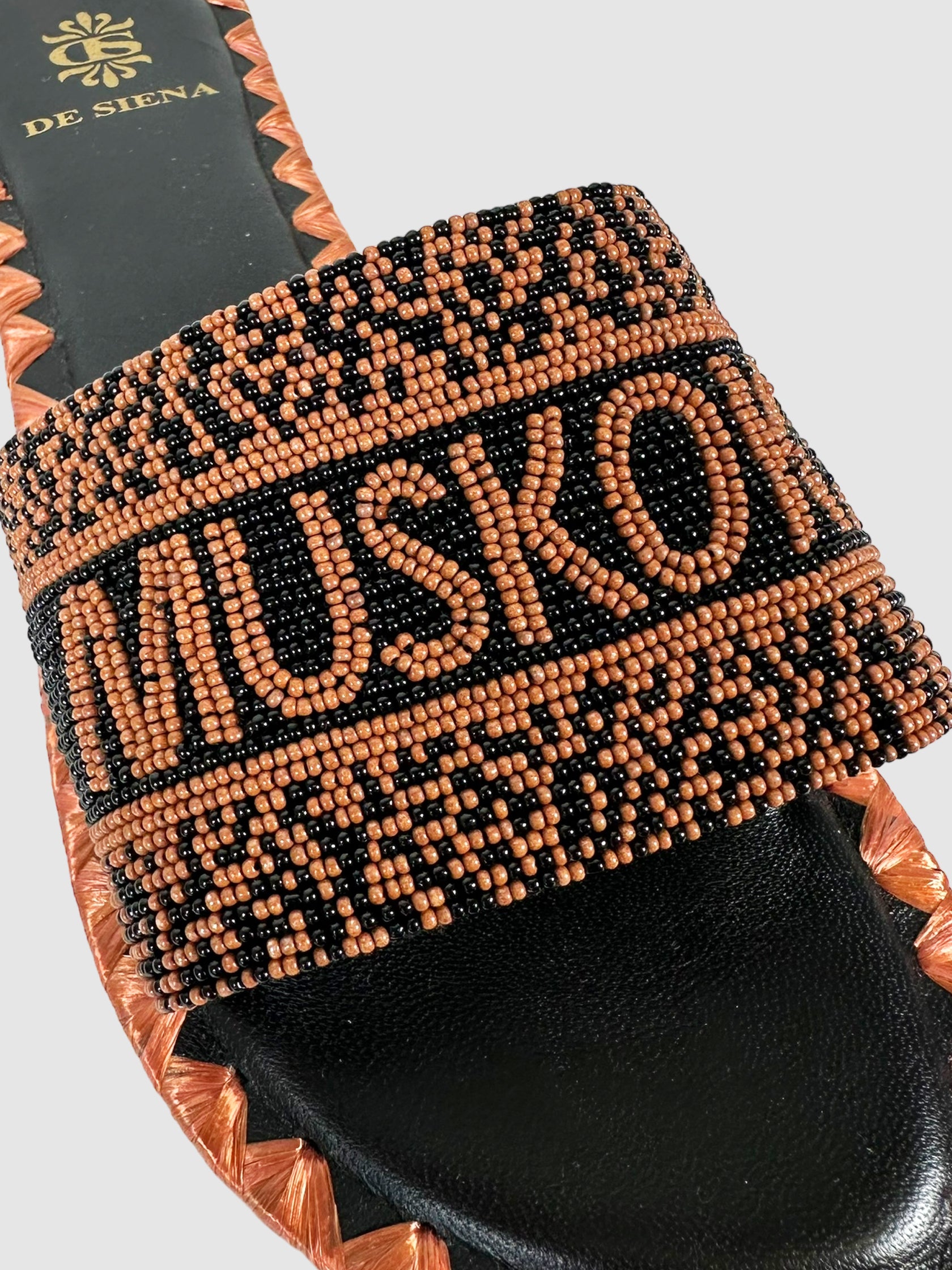 De Siena Brown and Black Beaded Muskoka Slides Size 38 Consignment Secondhand Designer Luxury Resale Toronto Trendy