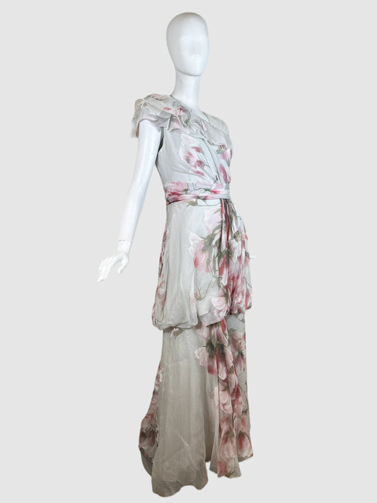 Monique Lhuillier Floral Ruffled Gown - Size 10
