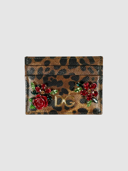 Dolce & Gabbana Brown and Black Leather Leopard Print Rose Appliqué Card Holder Luxury Designer Resale Consignment Toronto